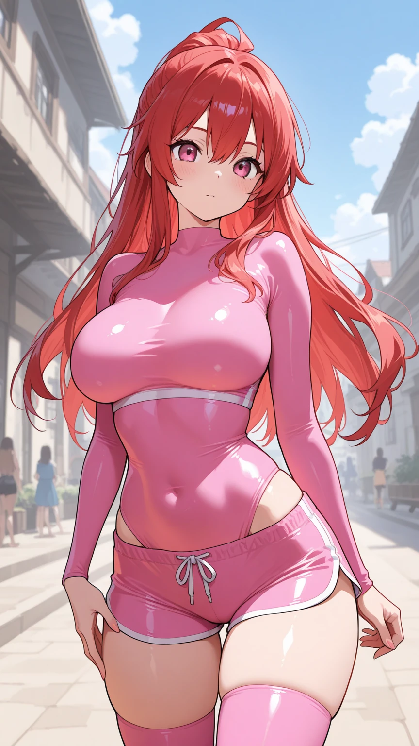 (High quality, High resolution, Fine details), seamless sportswear, Waist Shot, solo, curvy women, pink hair, sparkling eyes, (Detailed eyes:1.2), smile, blush, Sweat, Oily skin, shallow depth of field
