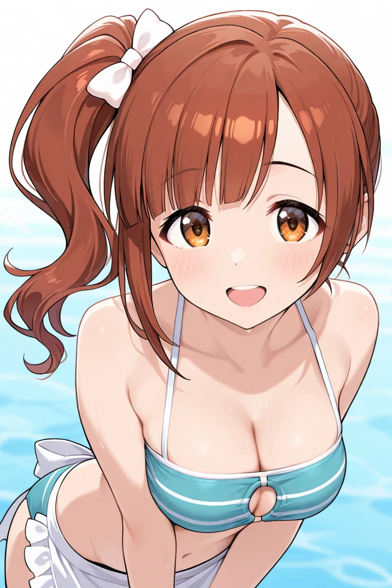 alone, One girl, Yunyun、blush 、View your viewers, Crown braids of the same color as your hair, Red Eyes、hair ornaments, Hair Ribbon, (White and pink bikini)、(smile:1.5)、(The entire screen is underwater)、smile