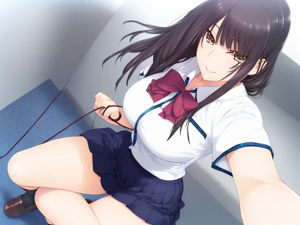 Best Quality, masutepiece, 超A high resolution, (Photorealistic: )2D official style cel animation、In front of the station、amagami High school students、Landmine fashion、Crouching、Unbutton your shirt、teats、Pubic hair shows through、kupaa、pink lace brassiere、Skirt combing、Pink Lace Panties A dark-haired Bra comb、