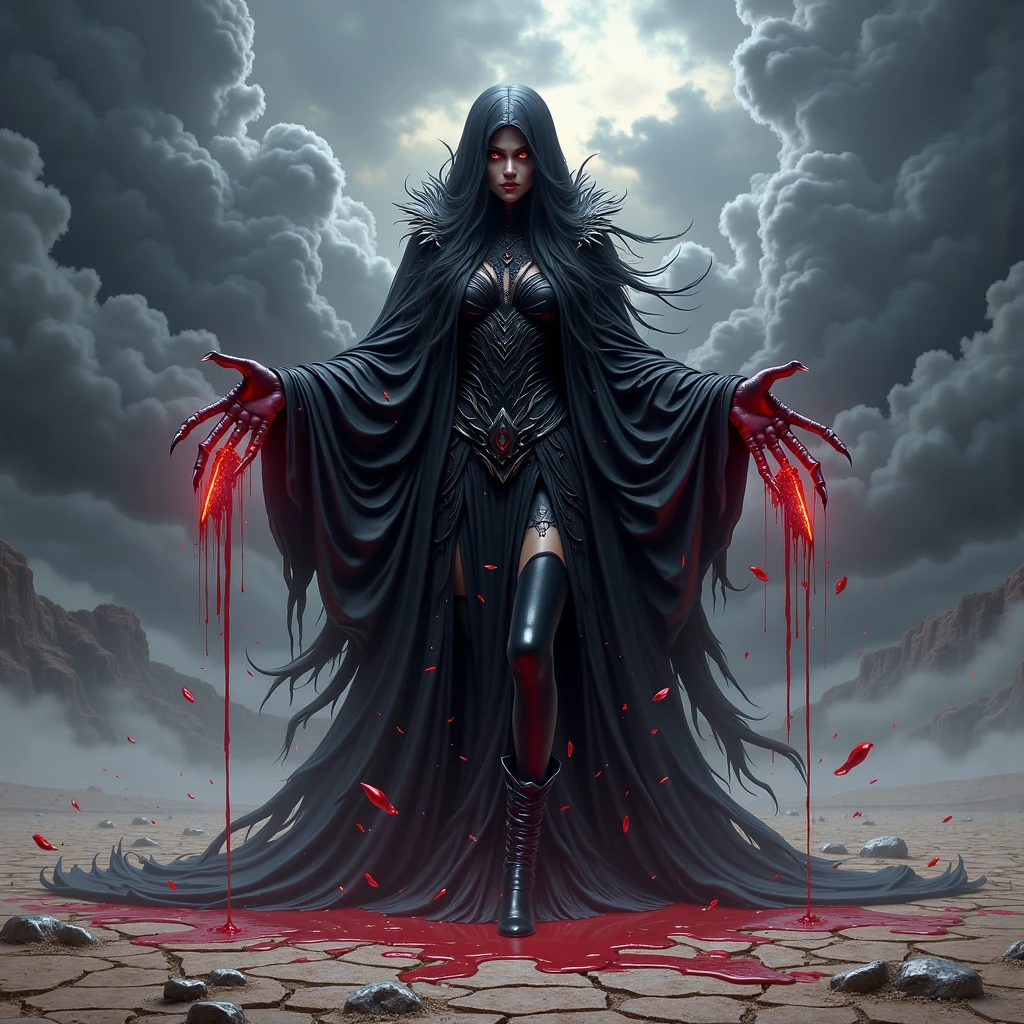 (masterpiece), Painting style divinity,Twilight,Gray and dark picture,Still shooting angle,The cloak flutters,Red cassock,White-faced impermanence,The setting sun shines,smoke-filled,?????? mountain and sea of blood,divino,blood vess,region,k hd,Need,tmasterpiece