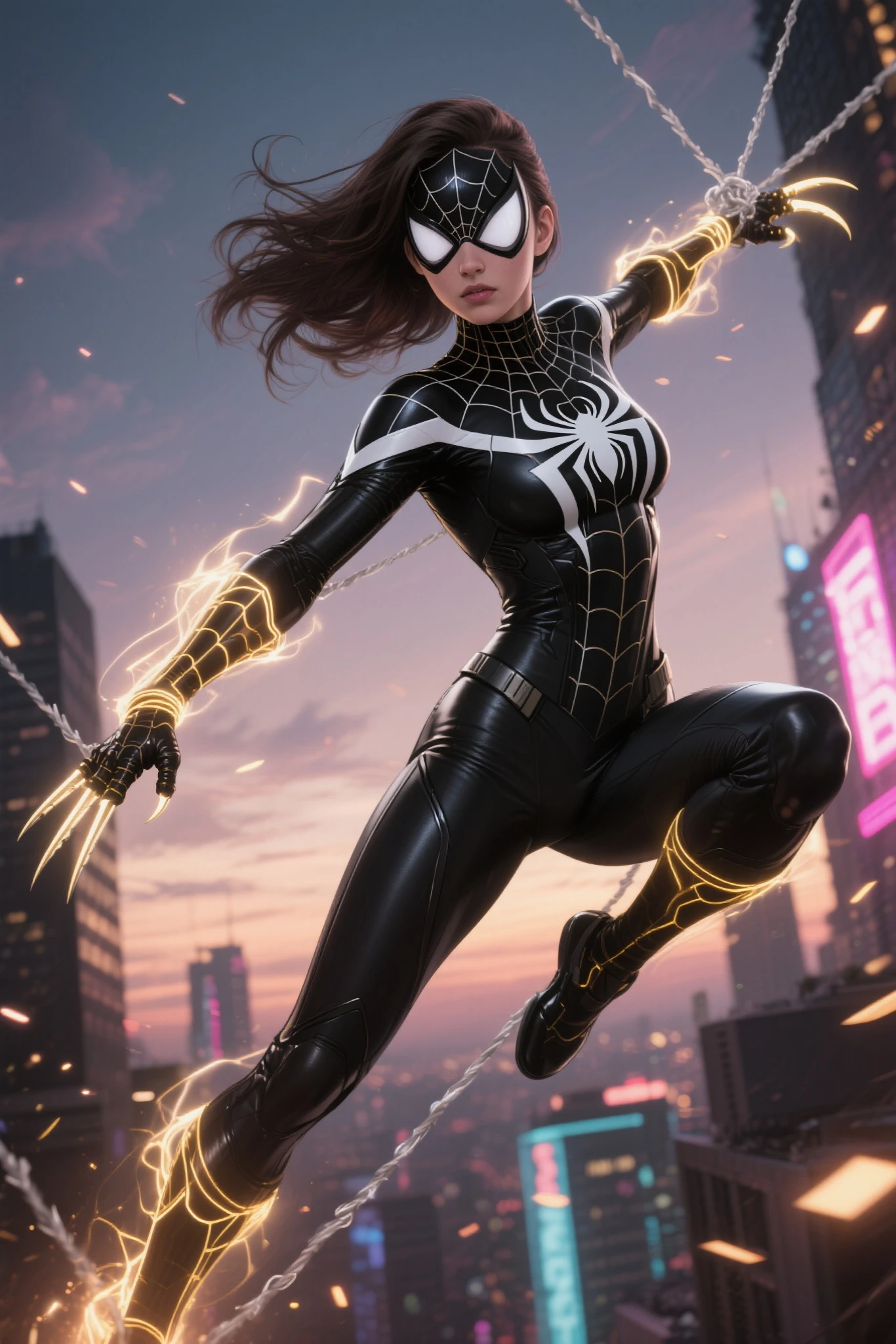 Megan fox black hair yellow and red mask covering her eyes with white lenses, jumping from a building one hand with webs while the other releases a burst of energy beams yellow shocks, looking at the horizon at night, wearing a yellow and red suit. very very beautiful woman 