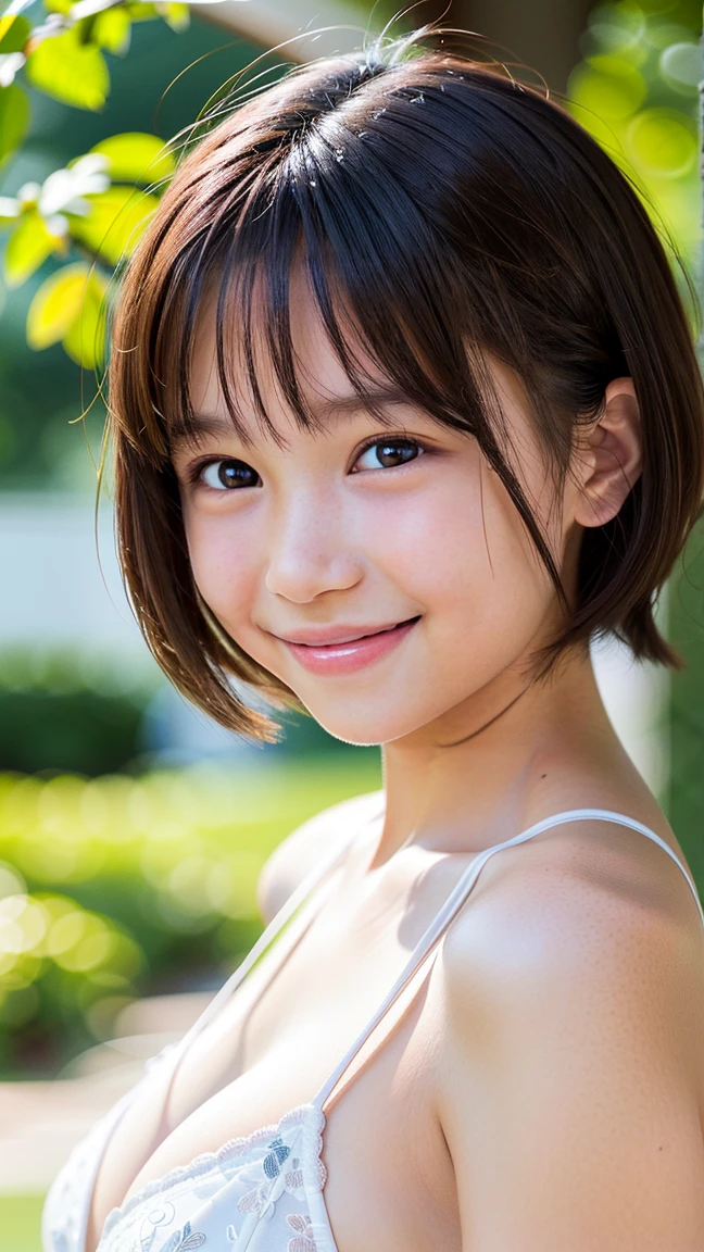 cute, girls, elementary school students, 13 years old, black hair, smile, dark blue school swimsuit, blush, medium bust, shiny skin