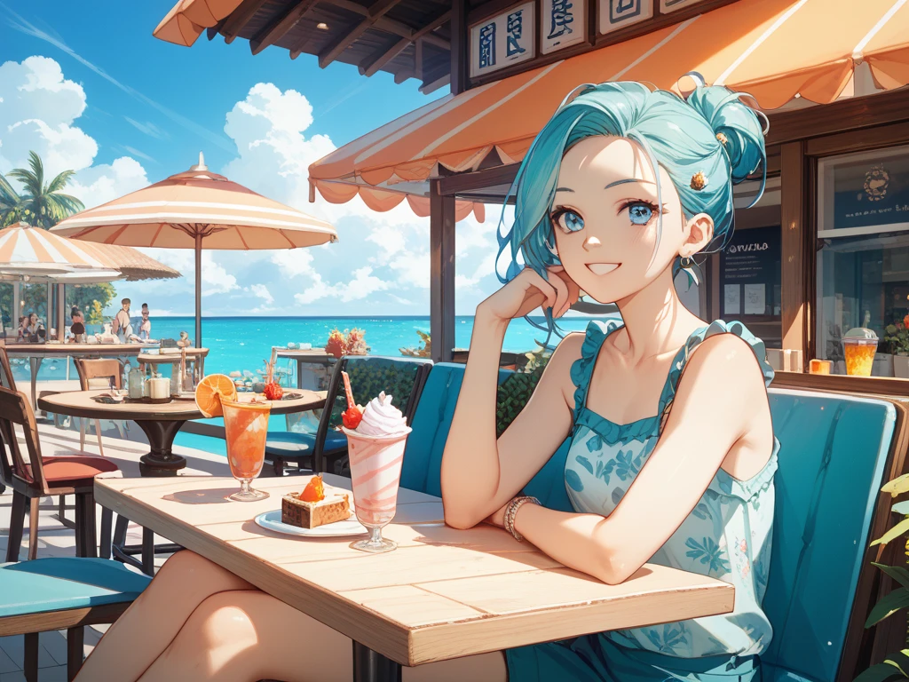 (Highest quality:1.4、8K:1.4、detailed)、F cup bust、Big Breasts、Slim body、Very white beautiful skin、((((1 person、Surprised expression、sit、Chair、In the background are the urban buildings of Tokyo、looking at the camera、Outdoor café terrace、coastal、Navy hair color、juice、Shooting up close、table、Very cute face))))、(Large  and  protruding from the fabric:1.3)、(White Bikini:1.2)、Very blue sky、A completely cloudless sky