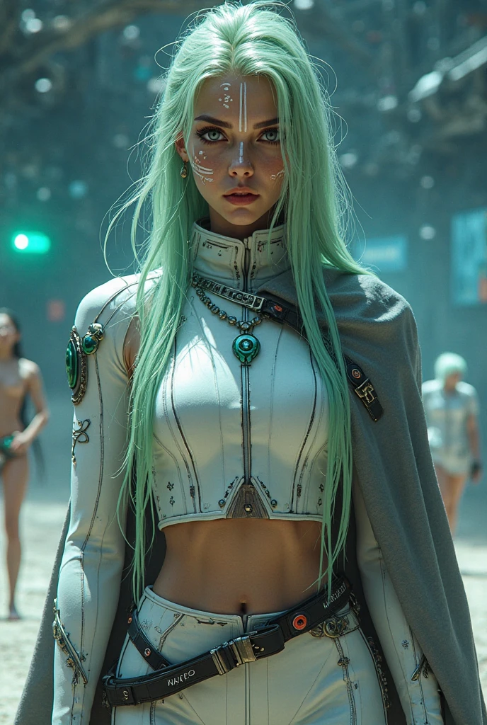 realistic photo of woman, walks directly towards viewer, athletic body shape, (powerful snow blizzard:1.2), cyberpunk neon night, <lora:OutfitGreenHeartBlack:1>, outfit-blackgh, (huge breasts, cleavage, underboob), very long green hair, hair fluttering in the wind