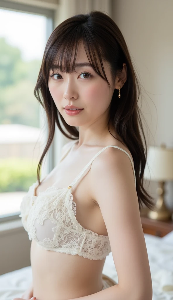 (1girl), ponytail, Extremely cute face, Amazing face and eyes, (Highly detailed eyes, Highly detailed face), fresh, Very clean appearance, (Hyper-realistic, hight resolution), (Best Quality:1.4), (hyper quality), Authentic skin texture, Raw photo, (Realistic, Photorealsitic:1.37), highly detailed, Professional Photography, (beautiful lace bridal dress:1.5), (lace bridal dress with open front), (cleavage:1.2), (Bare shoulders), Smile slightly, (Staring at me), luxury living room, 