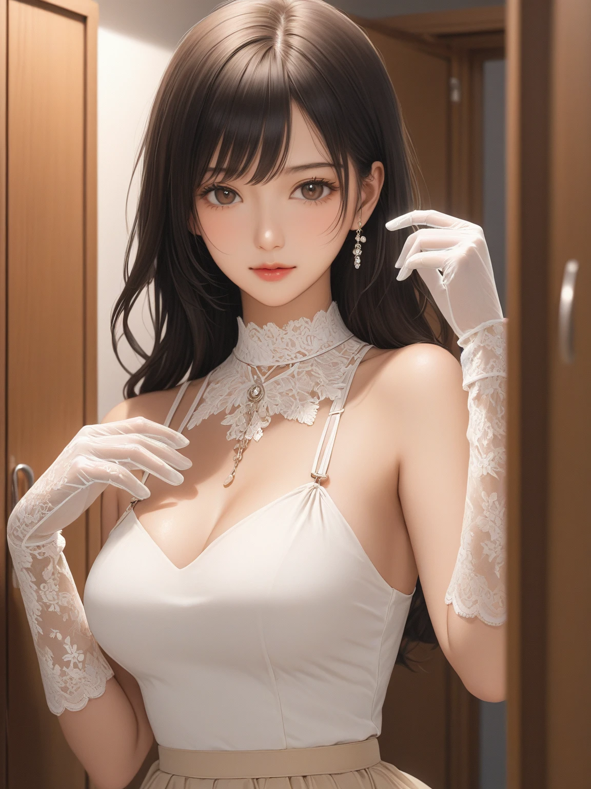 18 year old female,Milky white long hair,red eyes,beautiful eyes,Very large breasts,((3D anime style)),revealing clothes,
