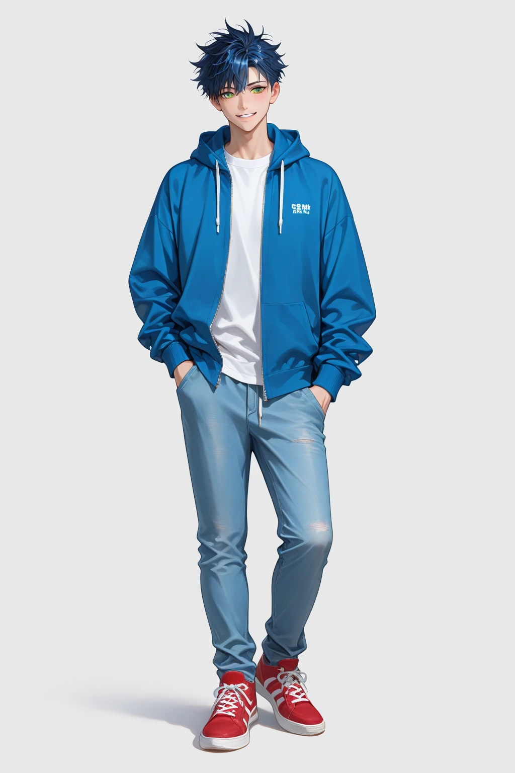 Indonesian male plastic action figure wearing a white zip hoodie with writing "Dehakims", short jeans, sneakers smiles at the camera, figure with box. Render 4D, 8k, high quality. high rendering.