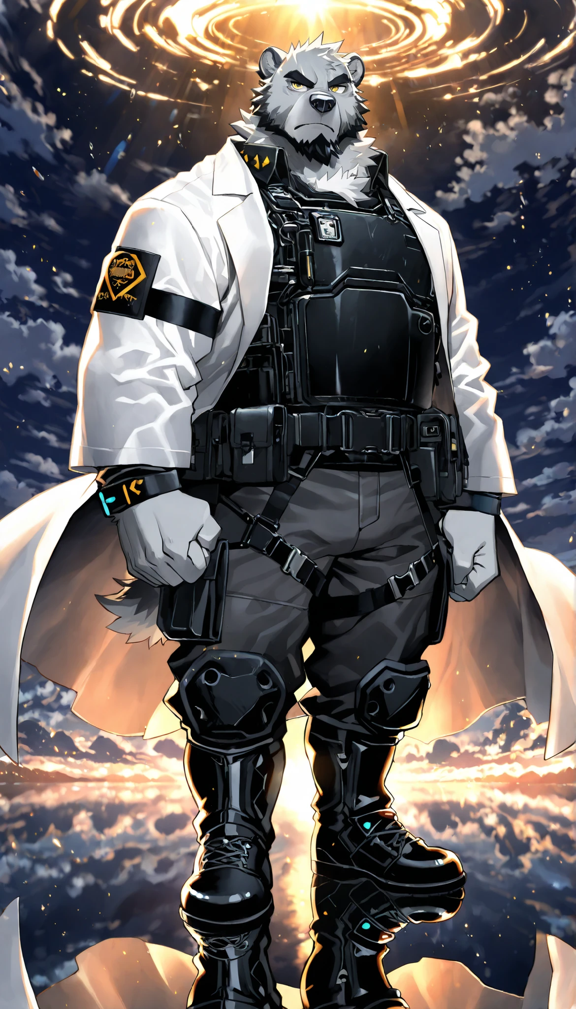 (masterpiece:1.2), best quality,pixiv,official art,perfect anatomy, (Ray tracing, light),solo, (1_male:1.3) , (muscle), (grey fur:1.4), (muscle bear), (beard:1.2), (golden eyes), bear tail, full body, Thick black eyebrows,floating lab coat,combat uniform inside,serious,Print Style, artist:takemoto arashi,night sky, uyuni lake,Reflection, cloudy sky background, style:arknights