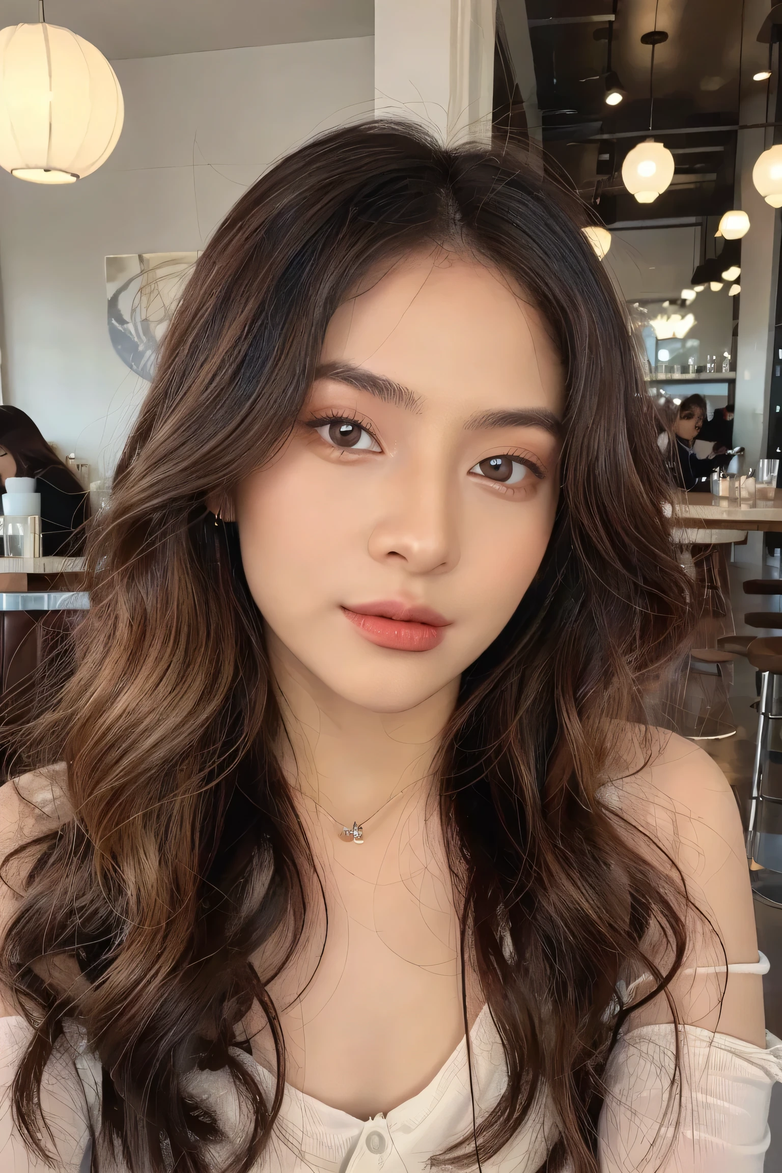 ((Masterpiece, high quality, super detailed, 4k, RAW Photo)), 1 girl, long wavy hair, ((brown ombre hair)), Perfect face, thin face ((lying silkworm eyes)), shinny skin, long sleeve t-shirt, off shoulder, in modern cafe, look at the camera, slim body, perfect eyes, big nose, wearing necklace with pendant, earings