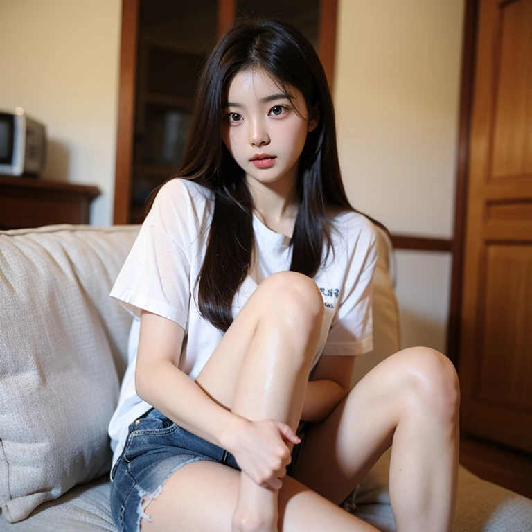 Move the center of gravity back，Feet forward with your hands outstretched，put both feet in the hand circle，very embarrassed，with no underpants，leotard skirt，knees at 90 degrees，hands in front of your feet，kneeling down，pedestrian walkway，RAW photos，8K，HighestQuali， 超高分辨率，Beautiful face details，Real human skin，Gentle expression，up front view，From the angle below，long whitr hair，realisticlying，realisticlying，adolable，（short  skirt），（Wear a short skirt），cute female student，Surreal 18 year old girl，full bodyesbian，Solid black short sleeves，（thick leg）