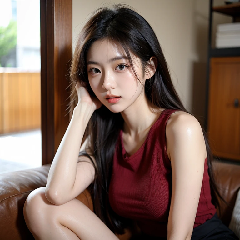arafed asian woman wearing red mini skirt posing for a picture, a picture by Oliver Sin, trending on cg society, shin hanga, korean girl, gorgeous young korean woman, beautiful asian girl, beautiful south korean woman, gorgeous chinese model, young and cute girl, beautiful young korean woman, asian girl, wearing a red cute top, korean woman, smile, closed lips, simple background
