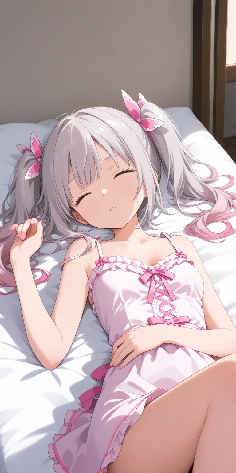 beautiful illustration, best quality, cute girl, bedroom, white hair, two ponytail  young girl,on the bed, lying on her back, moaning, naked, blushing ,Shy, without clothes 