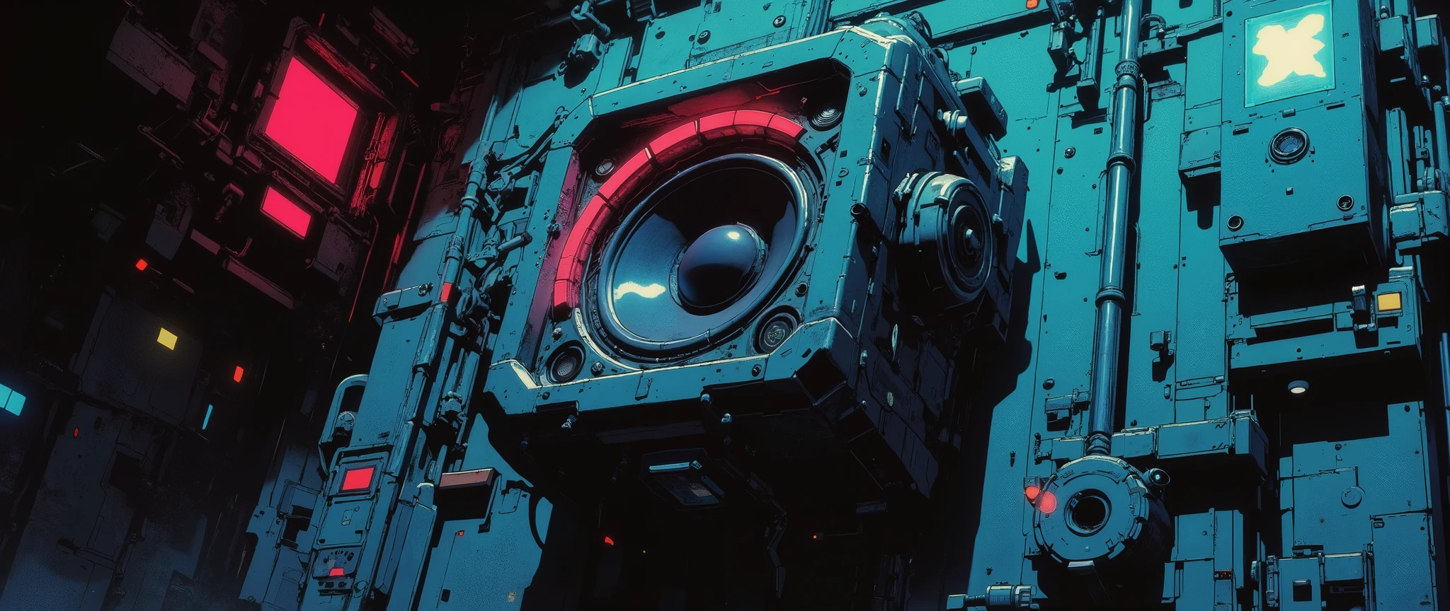 [[Anime Scene]] Masterpiece, ultra-detailed, 90s anime style, anime setting background, dark retro atmosphere. Interior of a retro-futuristic cyberpunk spaceship. The scene closes in on the upper corner of the wall where there is a small retro-style speaker. Defined and perfect lines. The color palette is cel-shaded, tritonal, with sharp and defined lines typical of 90s anime. The lighting is minimal, with red and blue accents glowing in small indicator lights. Rendered in the style of Vampire Hunter D: Bloodlust, Blame! and Black Lagoon—with a cinematic, gothic, and dark fantasy feel. [[Low angle]] [[Close-up of the speaker on the wall]] High-resolution image, 32k, well-defined and sharp art.