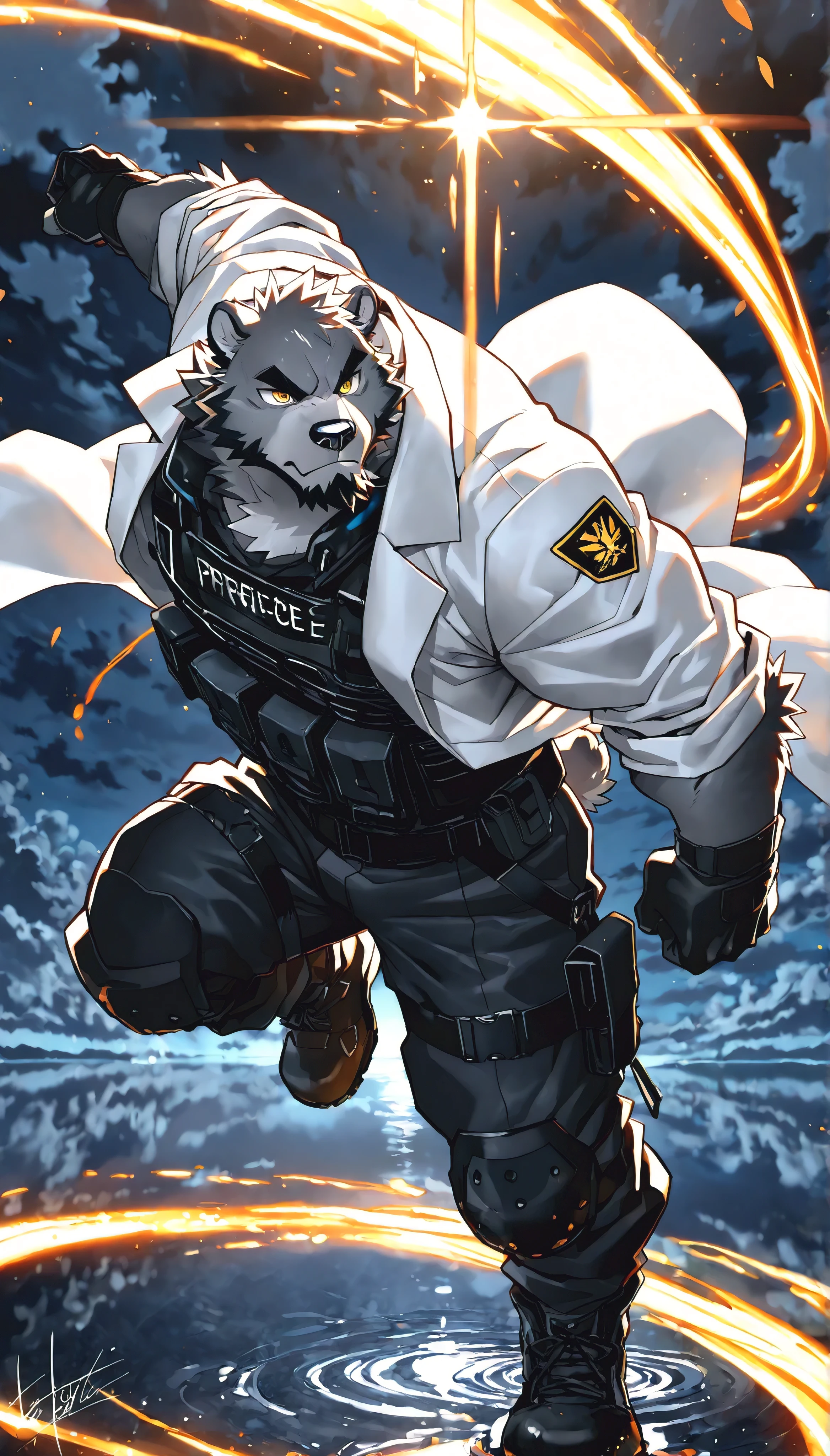 (masterpiece:1.2), best quality,pixiv,official art,perfect anatomy, (Ray tracing, light),solo, (1_male:1.3) , (muscle), (grey fur:1.4), (muscle bear), (beard:1.2), (golden eyes), bear tail, full body, Thick black eyebrows,floating lab coat,combat uniform inside,serious,Print Style, artist:takemoto arashi,night sky, uyuni lake,Reflection, cloudy sky background, dynamic pose, style:arknights