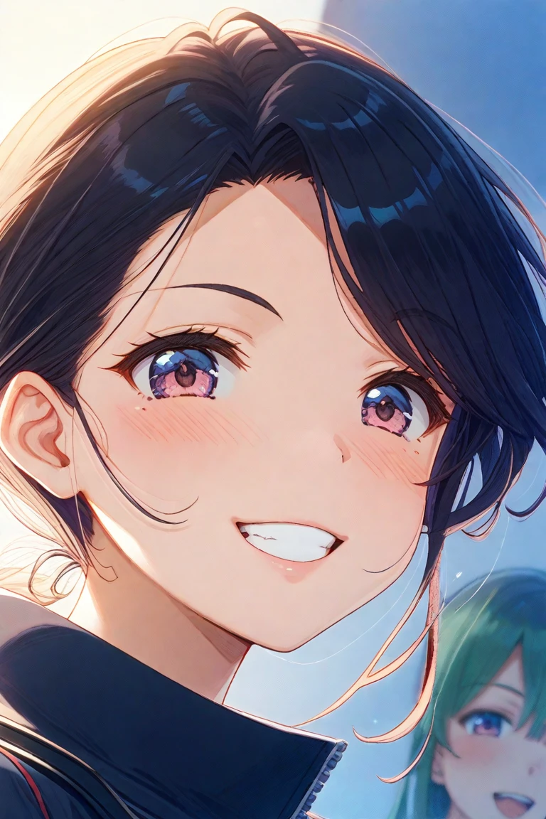 young woman、smile、(Wide forehead visible)、((Short Hair、Very large breasts))、blush、((masterpiece、High resolution、16K))、((Active summer clothing))、(Very close:1.5)、Athletic Gym、(Focus on the upper body:1.5)、((Laugh with your mouth wide open))