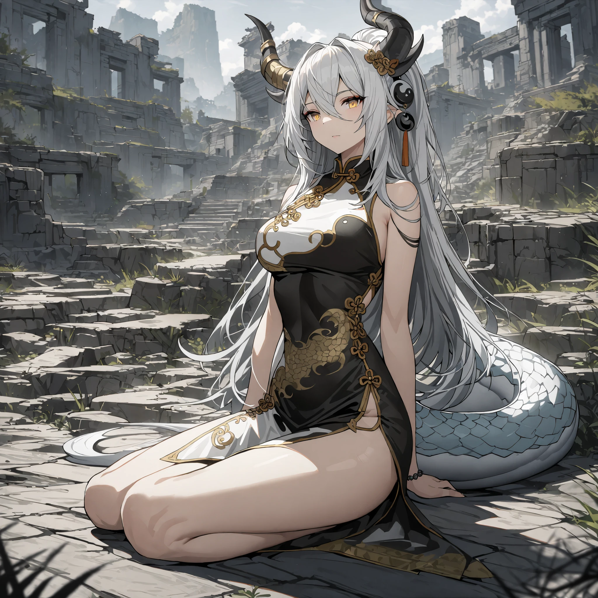 Masterpiece, High quality, Best quality, Live2D, modern design, solo woman, female, dragon_hybrid, head, white hair, long hair, Bright golden eyes, Cheongsam, Yin Yang, black and white, Gold-decorated set, big tail, horns, Sit, Ancient ruins.