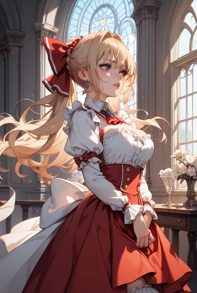 (masterpice, Best quality, High quality, A high resolution:1.4), Extremely detailed, Detailed skin, ambient soft lighting, 4K,
1girll, Solo, standing, Upper body, Mature female, A MILF, One
blond, Long hair, High ponytail, hair intakes, Long-sided locks, head gear,
Red eyes, Glaring, contempt, disgust, view the viewer,
Closed mouth,
Red dress, cleavage, Red corset, Long skirt, Puffy skirt, Long sleeves, Puffy sleeves, Juliet sleeves, flowery dress, jewelry, red gemstone, Pedras preciosas, necklace, Riga
Large breasts,
Indoors, (Renaissance:1.2), Vintage, window, tables and chairs, flower pots, Red curtains, Black walls,