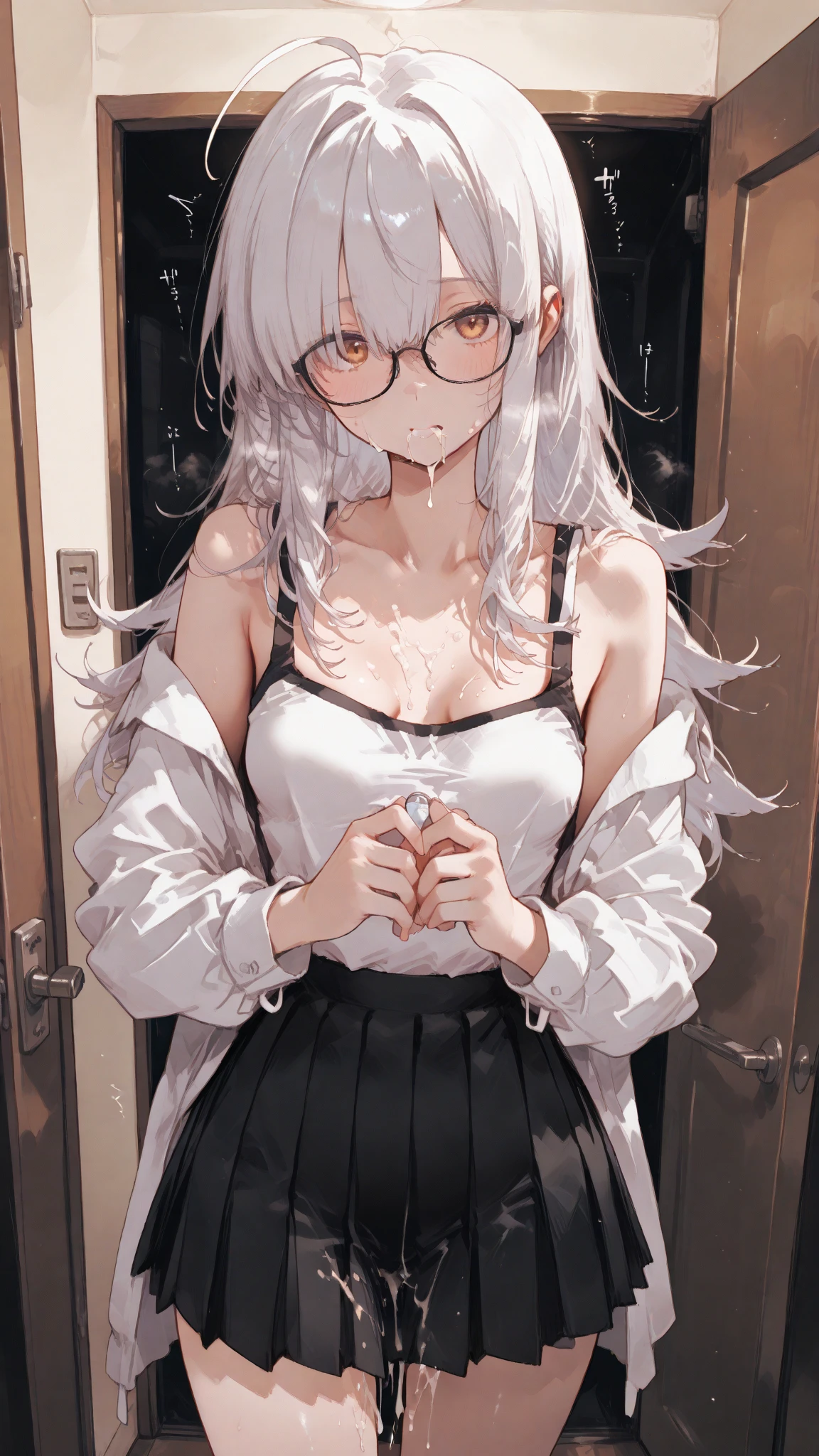 Masterpiece, best quality, aesthetic sense, high resolution, beautiful woman drawn in the best quality and detail, black tight pants, trying to put them on, long silver hair, red eyes, woman with glasses