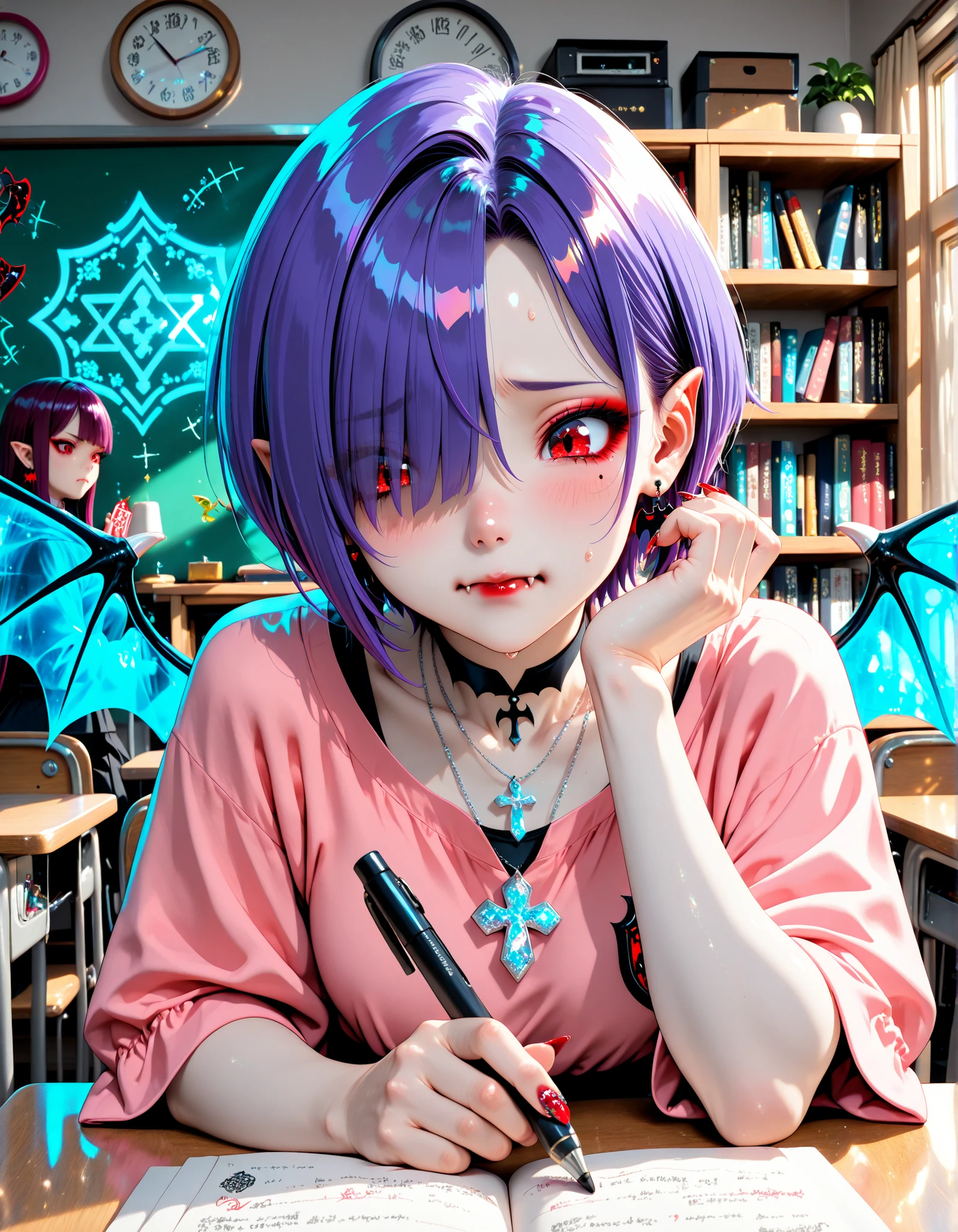Very High resolution,cute anime-style,masterpiece,best quality,amazing quality,hyper-detailed,very aesthetic,A magic university campus,A classroom in the middle of an exam,A university student,Casual clothes,Bookshelf,Display shelf,A mandragora,Magic square,Magic spell chanting,Talisman,Candle,A crowd of female fairies sits in chairs taking a written test,A dark female fairy looks troubled,white skin,Purple hair,Short hair,Hair over one eye,Crimson eyes,(Vampire fangs protruding from between her lips:1.3),Dark red lipstick,Closed mouth,Worried,Troubled,Suffering,Bat earrings,Black fairy wings,Transparent wings,Pink blouse,Silver cross necklace,(Long and pointed nails:1.2),Red nail polish,Nail art,A pen with a cute illustration,A test paper,One hand resting on her temple