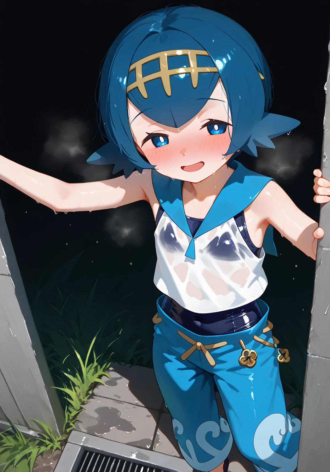 score_9, score_8_up, score_7_up, score_6_up, score_5_up, source anime, BREAK, (cowboy shot), <lora:FeriAlFayed:0.9> , Feri Al-Fayed, blue eyes, blue hair, short hair, dark-skinned female, small breasts, headband, single earring, pendant, yellow dress, red shawl, detached sleeves, bracelet, asymmetrical legwear, standing, warm smile, (ass, from behind), <lora:hand 4:0.6> , Hand, hands, perfect hands, < realistic background, beach, outdoors, daytime, <lora:add-detail-xl:1> <lora:benantoka_style_pony6_v2:1> , bnantkstyl,