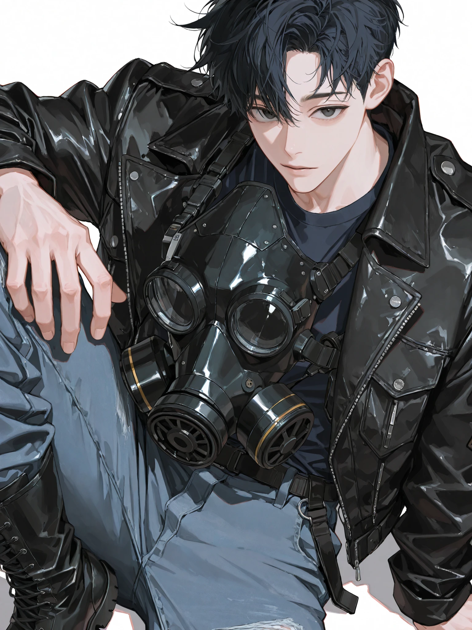 ((best quality)), ((masterpiece)), score_9, score_8_up, score_7_up, score_6_up, score_5_up, score_4_up,
1 male, solo, Adult male,Anime: 22-year-old boy with black eyes, messy, deep black hair and wearing black leather military boots, navy blue denim pants, a dark blue t-shirt and a black leather jacket and a gas mask., without gloves
masterpiece, best quality, ultra quality, high detailed, ,sitting on the ground with one leg raised and bent, the other leg relaxed and stretched forward, leaning slightly back on one hand for support, torso facing front, , head tilted slightly
masterpiece, best quality, ultra quality, high detailed, ,Dutch angle,Dynamic Angle, Looking at the viewer, face focus,masterpiece, best quality, ultra quality, high detailed ,White background