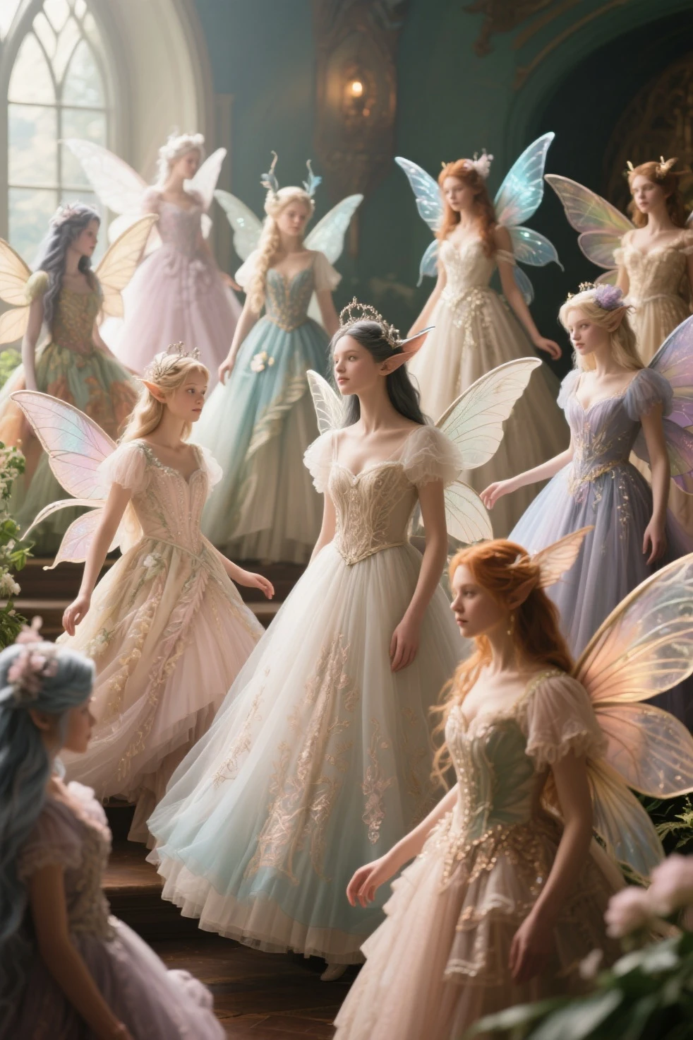 Art nouveau fairies playing and dancing inside a library. Whimsical, happy, funny. Dreamy composition. Happy palette of colours. Highly detailed. Children's book illustration. --auto
