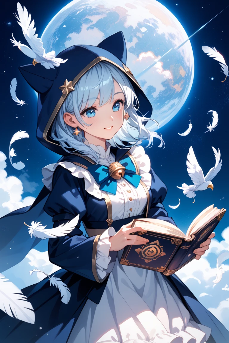 ((Masterpiece:1.2, Best quality)), 1girll, Solo, (Witch hat), Blonde hair, Long hair, dress, aurora, Night, Star (sky), mitts, sky, White dress, Night sky, Open mouth, Starry sky, Blue eyes, ribbon, Very long hair, Red dress, Smile, Hair ribbon, Cape, Blue hair, (Bird), magic, casting spell, Dark clouds, Night, (Impressionism:1.4), (tarot:1.3), Alphonse Mucha,