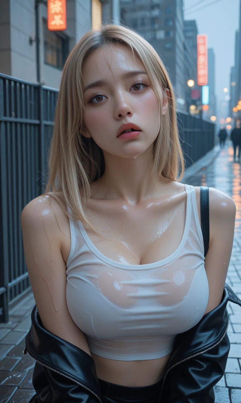((Best quality, 8k, Masterpiece: 1.3)), Sharp focus: 1.2, A beautiful woman with perfect body: 1.4, Slim abdomen: 1.2, ((Layered haircut, Large breasts: 1.2)), (no bra) (Small and beautiful hard nipple) (Thin and damp button up to shirt length: 1.1), (White shirt wet by rain), (Rain, Street: 1.2), Wet body: 1.1, Highly detailed face and skin texture, Detailed eyes, Double eyelid, tanned skin, sexy, cleavage