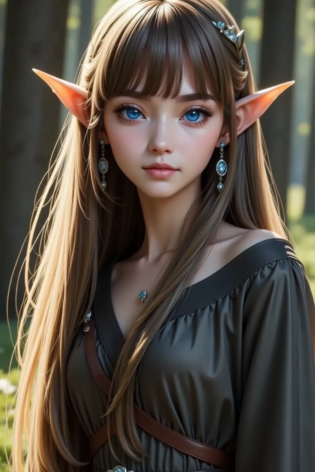 Half elf,  blue colored eyes, curly bronze hair