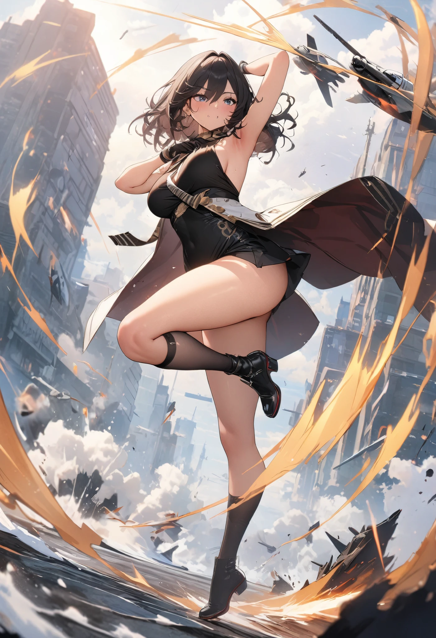 anime girls with black hair and yellow eyes are posing for a picture, anime girls, ecchi anime style, sfw version, pixiv 3dcg, ahegao, top rated on pixiv, oppai, pixiv, official fanart, ecchi, popular on pixiv, at pixiv, anime! 4k, anime! 4 k, head is up, arms out of frame, hands oit of frame, full body, thigh boots, garter belt, 5fingers, large breasts, from low, from below