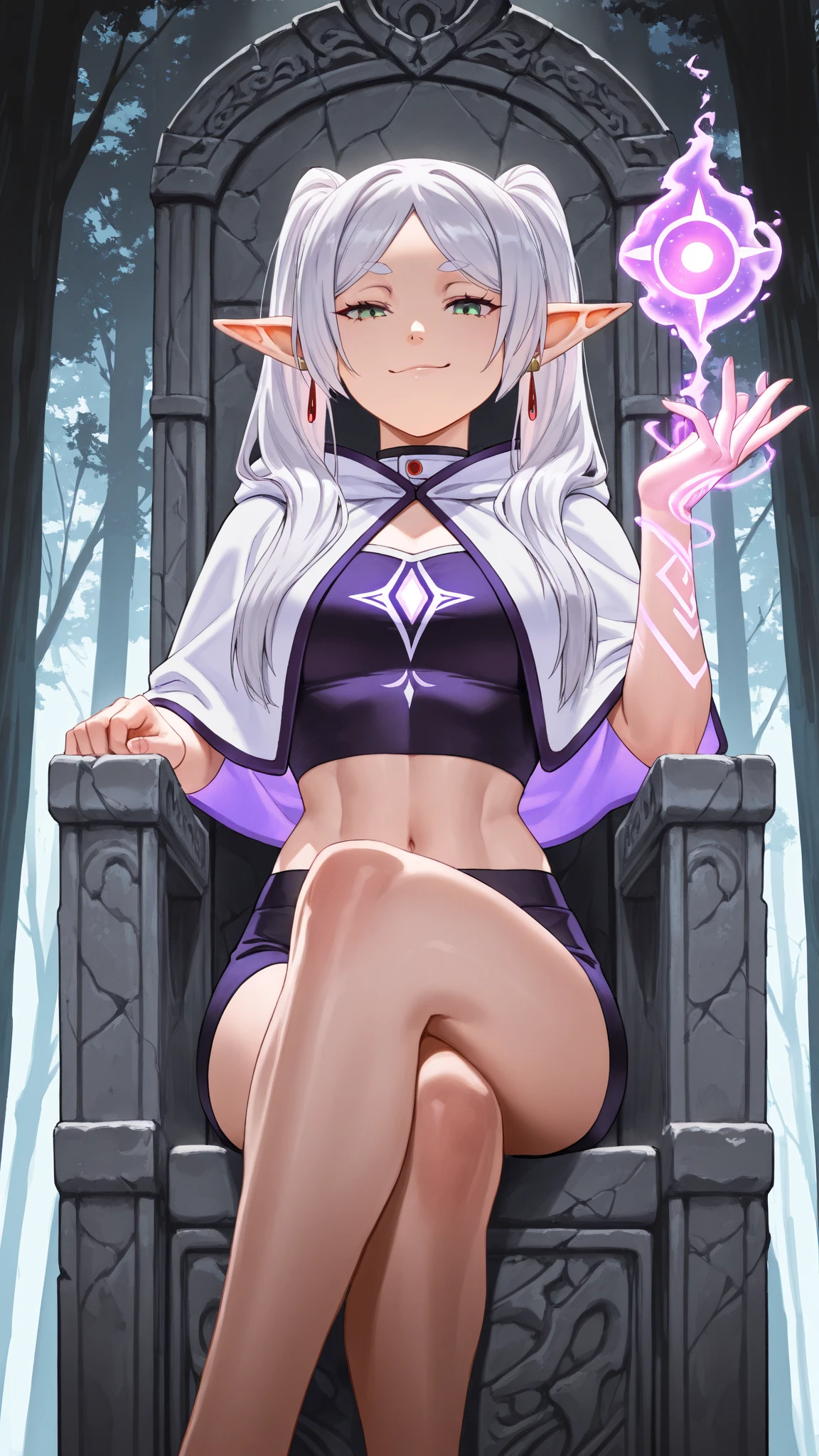masterpiece, best quality, highres, ultra-detailed, <lora:SatellaV4-000090:1>, Satella, grey hair, purple eyes, swimsuit, thighs, pointy ears, hair ornament, awkward, nervous, blush, covering