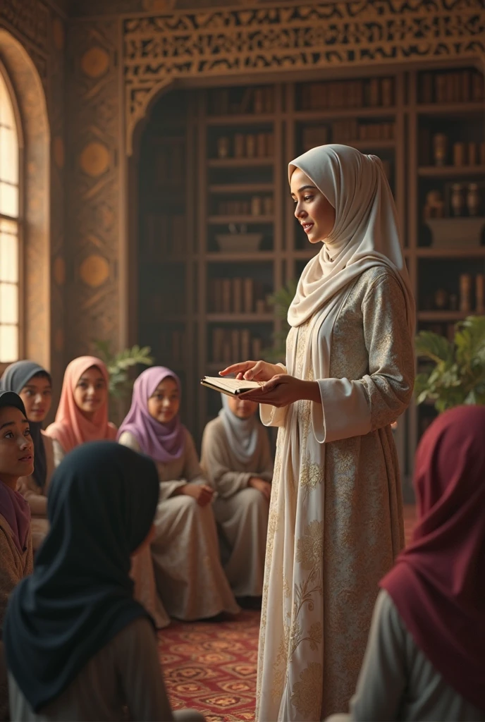 Create a image of class room there girl in orange kurta white salwar and white hijab are sitting and a lady teacher in black burka is teaching them and I want environment of image like islamic school