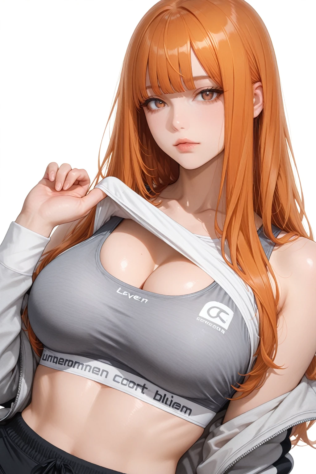 best quality, (masterpiece),(ultra-detailed), (high quality), (high resolution), professor sada,navel, green eyes, detailed eyes, perfect faces, shorts, necklace, labcoat, orange_clothes, undersized clothes, skindentation, huge breasts,