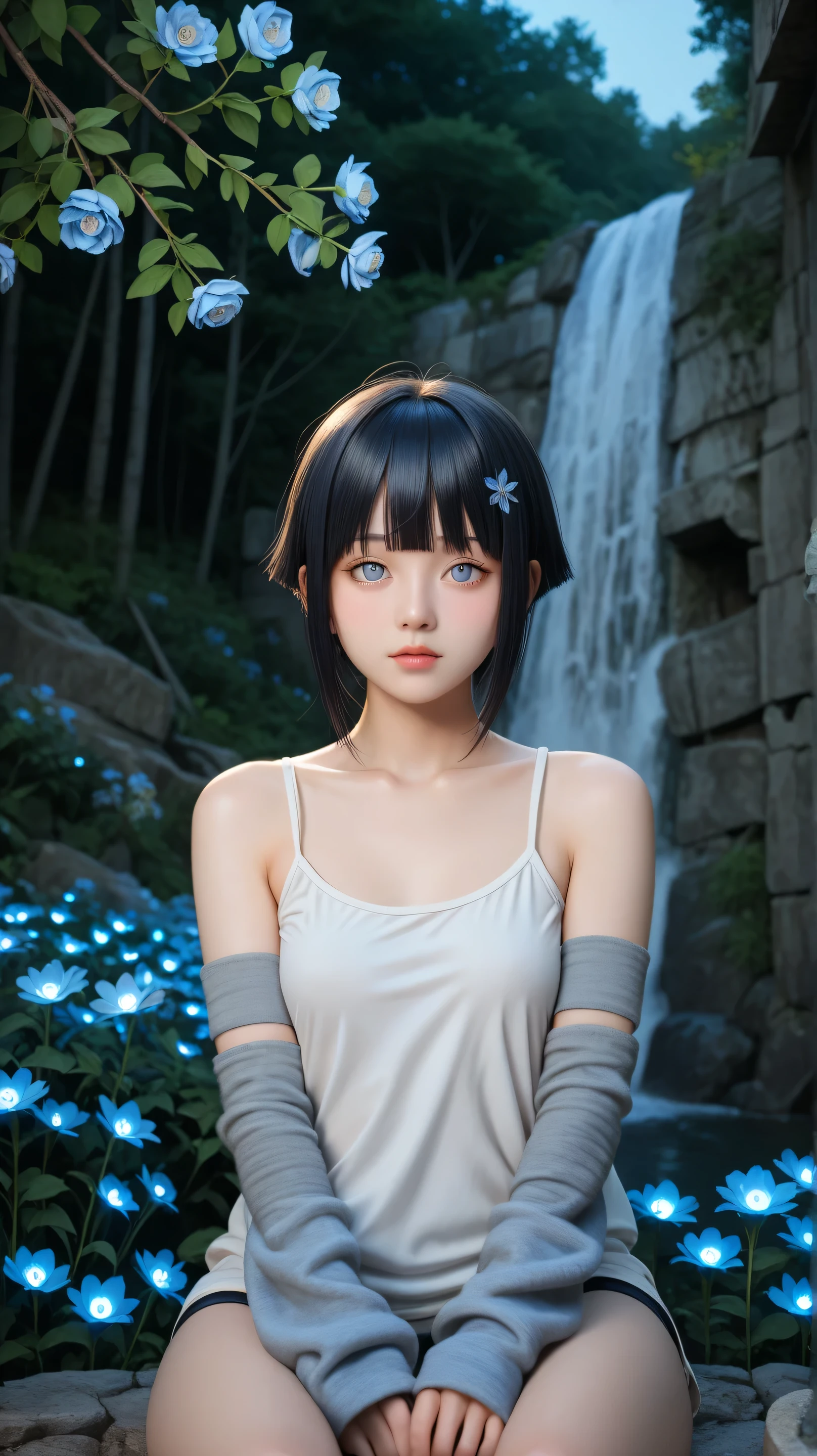 1girl, solo,hinata,(light grey eyes:1.5),black hair,short hair,outdoors,potrait,ruins,small breast,forest,(half body:1.4), bare shoulders,front view,blunt bangs,no puppils,sitting under waterfall,(arm warmers:1.5),(dark night:1.5),(glowing flowers:1.5),tanktop