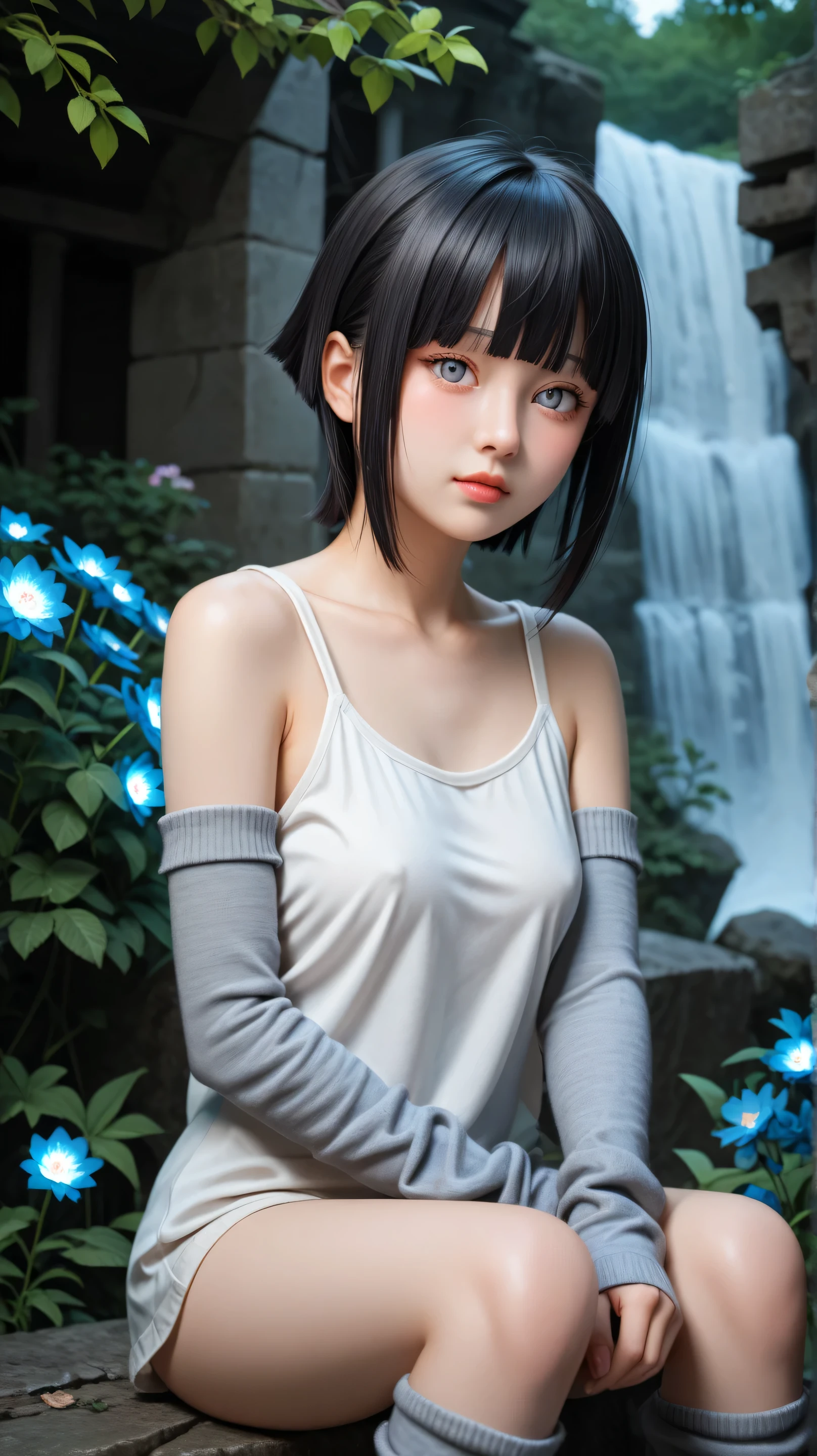 1girl, solo,hinata,(light grey eyes:1.5),black hair,short hair,outdoors,potrait,ruins,small breast,forest,(half body:1.4), bare shoulders,front view,blunt bangs,no puppils,sitting under waterfall,(arm warmers:1.5),(dark night:1.5),(glowing flowers:1.5),tanktop