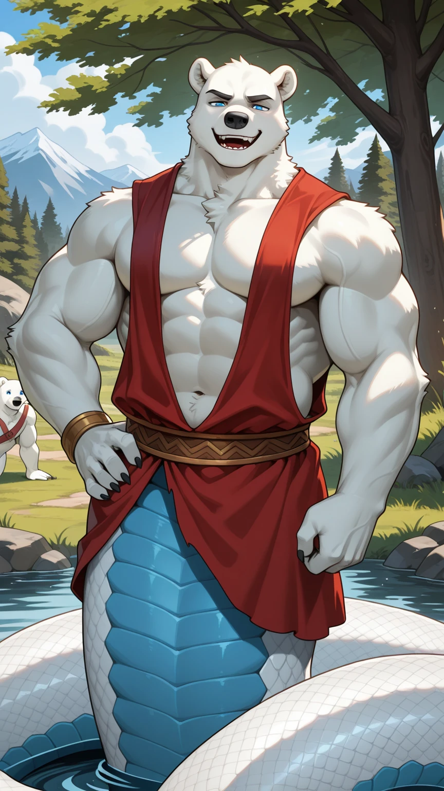 Furry, solo, white bear, Blue Eyes, Muscular, Wear an adventurer’s outfit, red cloth, red scarf, Behind is a mountain, waterfall, Standing on the rocks by the waterfall, High resolution imageHDR, 4K