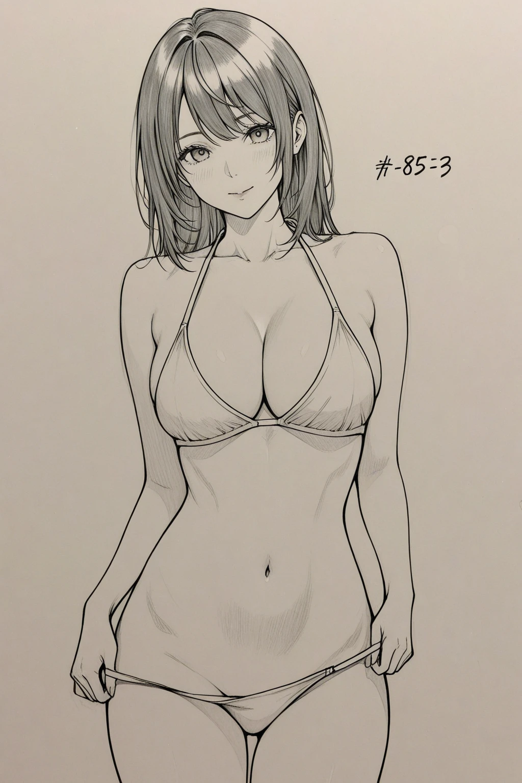  woman，Black Bikini，art，Colored pencil drawing，draft ，White background