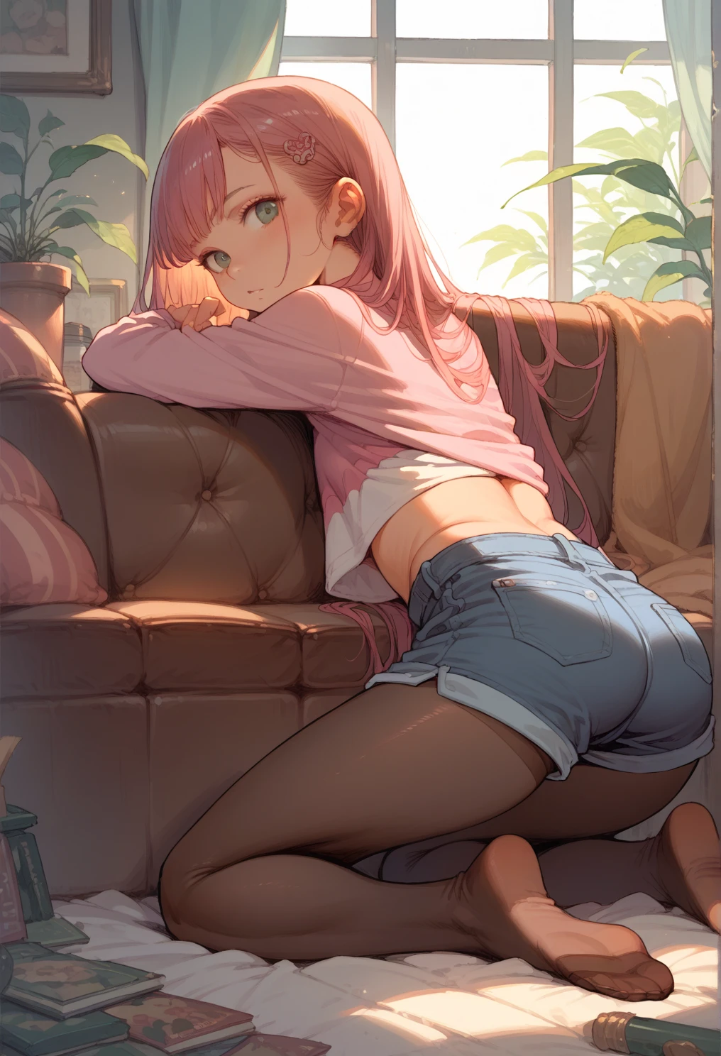 (The photo was taken in a bedroom:2). The girl on focus, She is not facing the camera. She is sitting on the bed, and she is wearing socks, (you can see her feet with socks:1.3).
(She is wearing a white buttoned shirt:1.6), and you can see her cleavage, this photo is only focused on the body, for roleplay porpuses, she is also wearing white panties, revealing her curves, she has very wide hips, you can see her great shape, you can see her. (She has pornographic exposure:2), (she is wearing socks:2), has an evil smirk on her face.
The outfit is very tight, and she has a huge breasts, that are massive and insanely big.
(Her hair is blonde with colored streaks:1.3), (colored hair:2), (and short:1.5), or short blonde hair, or short multicolored hair.
(She has a very nice hair:1.2), and her hands are perfect. The shadows in the photo are soft. The girl is illuminated perfectly. The rest of the photo is perfect with a very detailed background. This creates a sense of pleasure and intrigue. The colors are all vibrant and satisfying to look at. The face is very realistic, and she is very detailed as well, she is appealing to look at. The general mood of the photo is sensual and alluring. The girl is the center of attention of the photo, And its beauty is undeniable. The beautiful setting and dramatic colors create a sense of hypnosis and excitement. This photograph is a perfect example of professional cinematic photography. It is well lit, well-proportioned, And the theme is absolutely amazing. It is sure to attract the attention of anyone, Who will see it. You could put a ornaments in her hair. Whatever, As a result, the photo will be composed?, It is sure to be a stunning and memorable image.