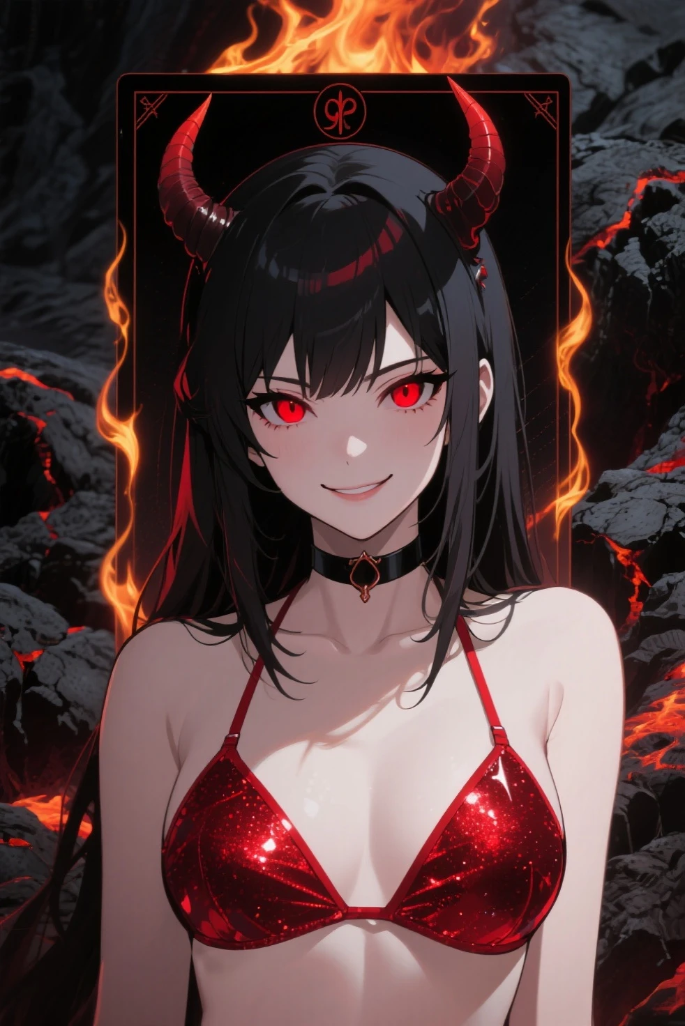 demon woman with long black hair, sharp teeth, glowing red eyes, bat wings on back, ram horns, hazbin hotel