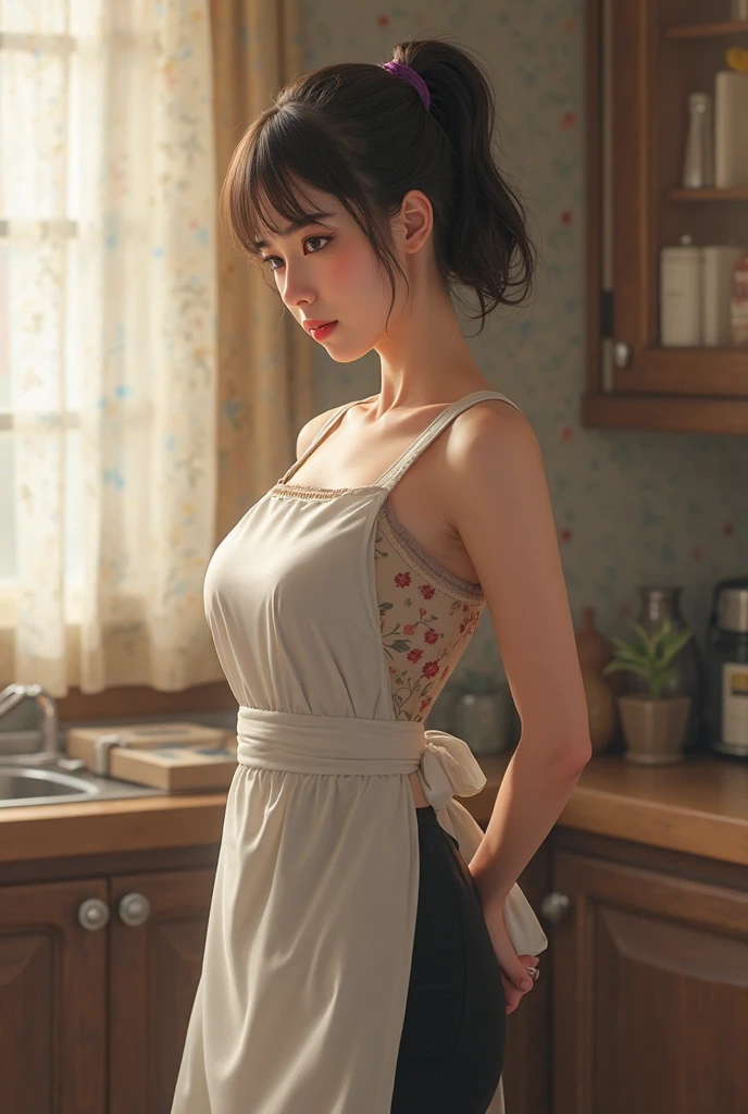 (from above:1.0),(from side:0.9),masterpiece, 1girl, Amazing Cleavage:1.1, thin waist, big ass, Raised sexy, small breast: 1.3, posed cleavage:1.2、solo, looking at viewer, open mouth, have a cute grass of cute beergrass,black hair, dark green eyes, dress,  shoulders, jewelry, collarbone, sidelocks, hairband, earrings, indoors, off shoulder, :o, sweater, arms behind back, plant, short hair with long locks, gild hairband, off-shoulder dress, sweater dress, off-shoulder sweater, red sweater, dark gord hair, big side hair, very long side hair,is rendered in (masterpiece: 1.2, best quality), with (ultra high resolution) and an exquisite (depth of field). This masterpiece is not only visually stunning but also tells,A scene of cooking in the kitchen by classroom
