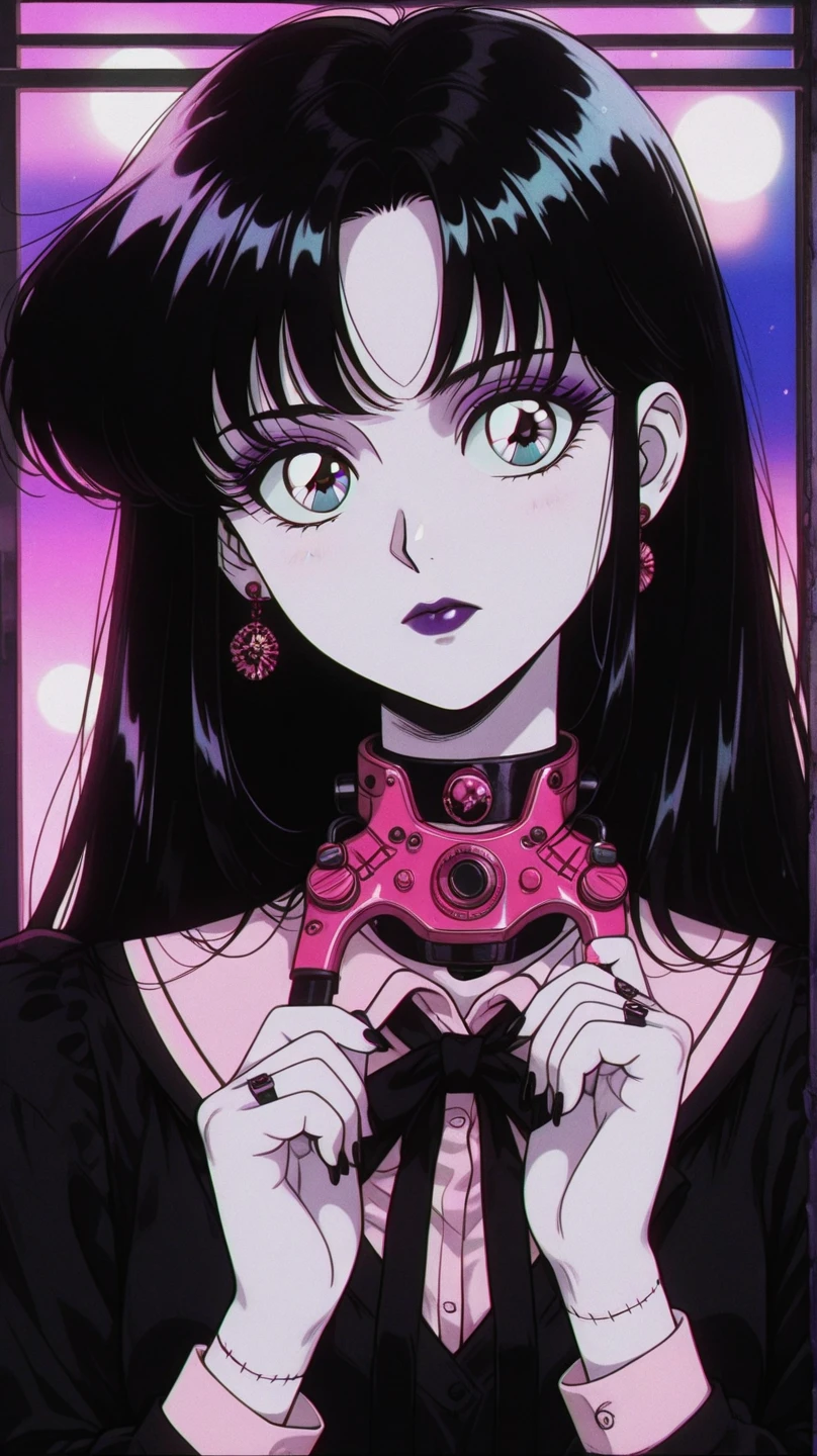 masterpiece, best quality, 1girl, gothic, black lips, solo, black hair, makeup, twin tails, hair buns, sailor moon, multicolored hair, white hair, bangs, eyeshadow, cross, hair bow, bow, lipstick, two-tone hair, fishnets, mascara, black background, hair ornament, (Genshin Impact)