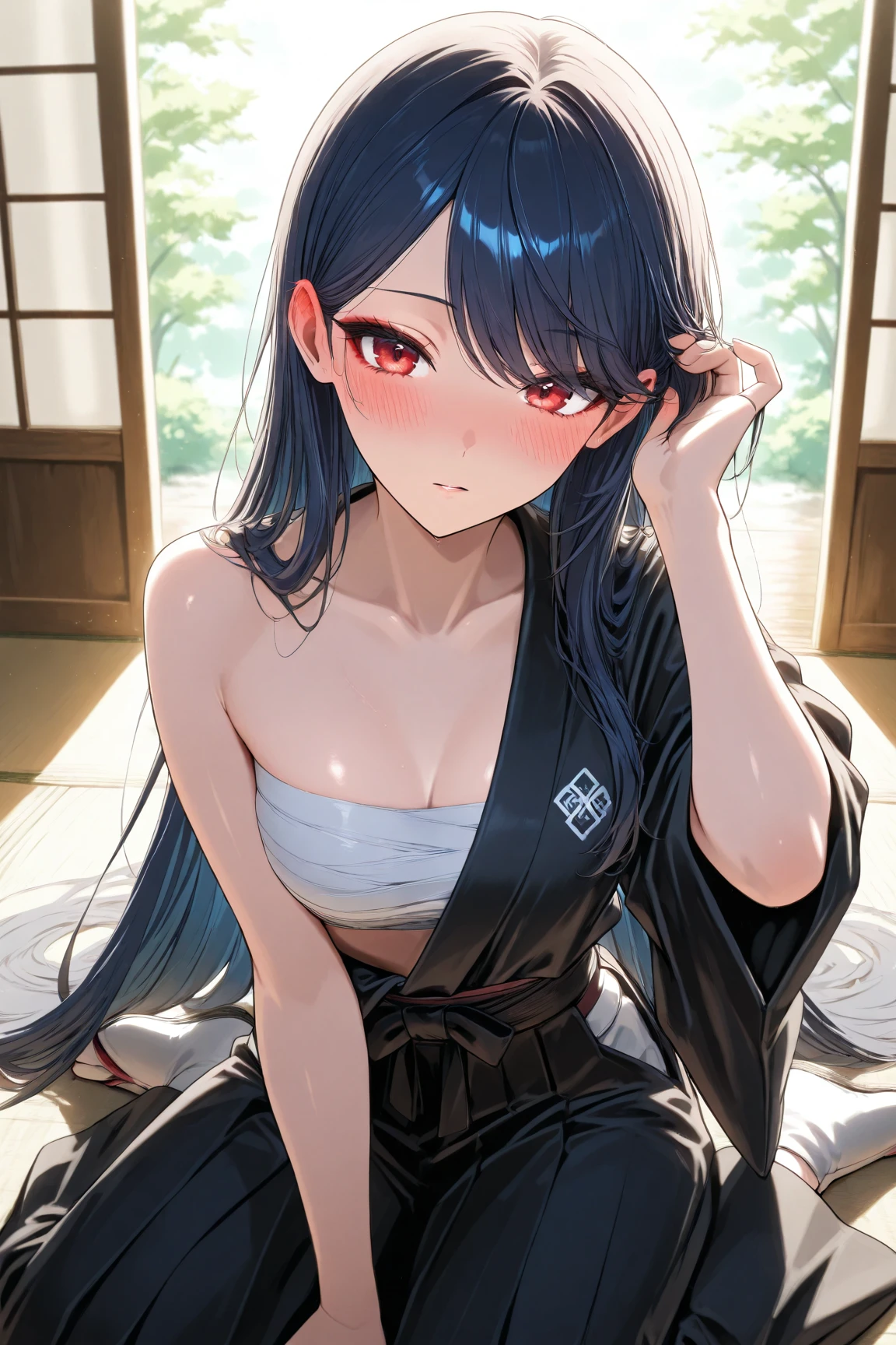 ((masterpiece, highest quality:1.3)),nsfw,cowboy shot,18 year old beauty,solo,((very small head)),dark purple hair,ponytail hairstyle,ponytail hair,.long hair,bangs,purple eyes,blush,shy?medium breasts,(((very long body,slender body))),skinny,gleaming skin,oily skin,sweat,(Ninja costume、Black kimono,mini skirt)、No sleeve、White panties、Wet crotch、barefoot、kneeling,spread legs,Japanese-style room、