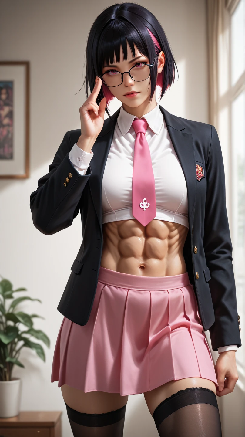 Pretty nerdy Chinese girl, detailed face and eyes, looking at viewer, masterpiece, best quality, shallow depth of field, 8K HDR, huge breasts, 85mm photo, shallow depth of field, tack sharp, (1girl:1.9), 18 years old, , black hair, tanned skin, short ponytail, 4’9” height, eye glasses (wearing an unbuttoned white school blouse a black blazer and a black pleated skirt:1.8), (showing abs, chiselled abs, shredded 8-pack abs:, abs of steel, shredded abdominal muscle, cut lower obliques, washboard abs, leg muscles of a ballerina , heart shaped but, muscular legs, hard calves, ultra defined thigh muscle:1.7), (slim body:1.2), gorgeous, standing in the park, wearing make up, (beautiful feminine face:2.1)