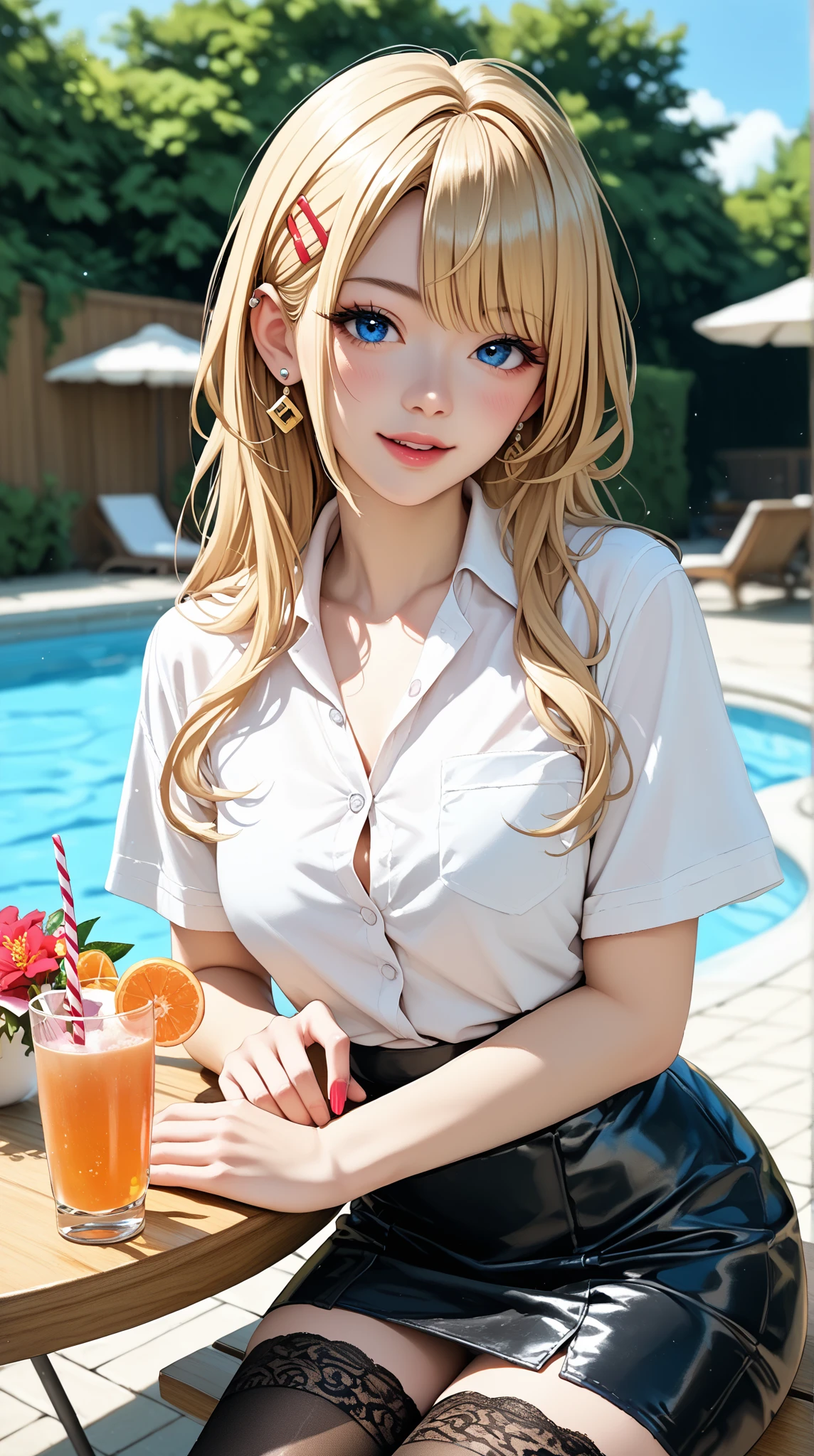 8k high quality detailed,highres,anime,comic,detailed image,
(an illustration of a teenage girl posing,(an illustration of girl,teenage girl)),(magazine_illustration),(magazine_sheet),
(, dqBianca,1girl,blonde_hair,(single braid),earrings,small|medium breasts),(Dampened Smile),detailed_face,
((Lounging on a hammock, holding a cold drink, and basking in the sun,):0.8),
((, ruanyi0506,bra,pantyhose,miniskirt,office lady,id card,lanyard,black bra,black necktie):0.8),(,realistic clothing texture,realistic_skin_texture),<lora:dqbianca-nvwls-v1:0.6>,<lora:0506 Emma OL_v1:0.55>,<lora:more_details:0.2>