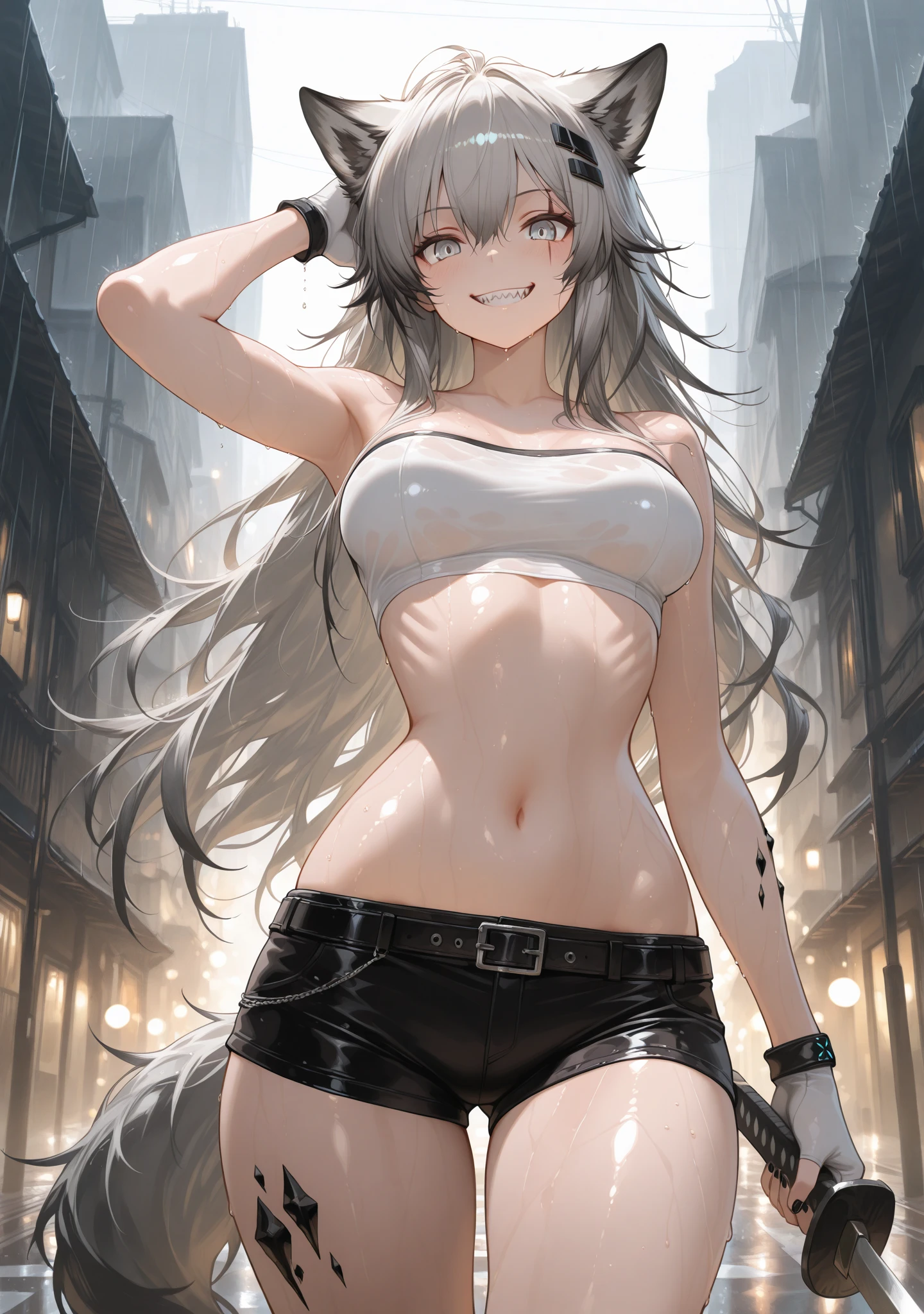 ((topless)), nsfw, masterpiece, solo, 1 girl, erect nipples, nipples, navel, black pants, bare breasts, bare stomach, sweaty, cowboy shot, small breasts, flat chest, puffy nipples, outdoors, city, neon lights, collarbones, petite, night, moonlight, slim waist, white hair, detailed eyes, beautiful eyes, wet, blue eyes, long hair, child, choker, black gloves