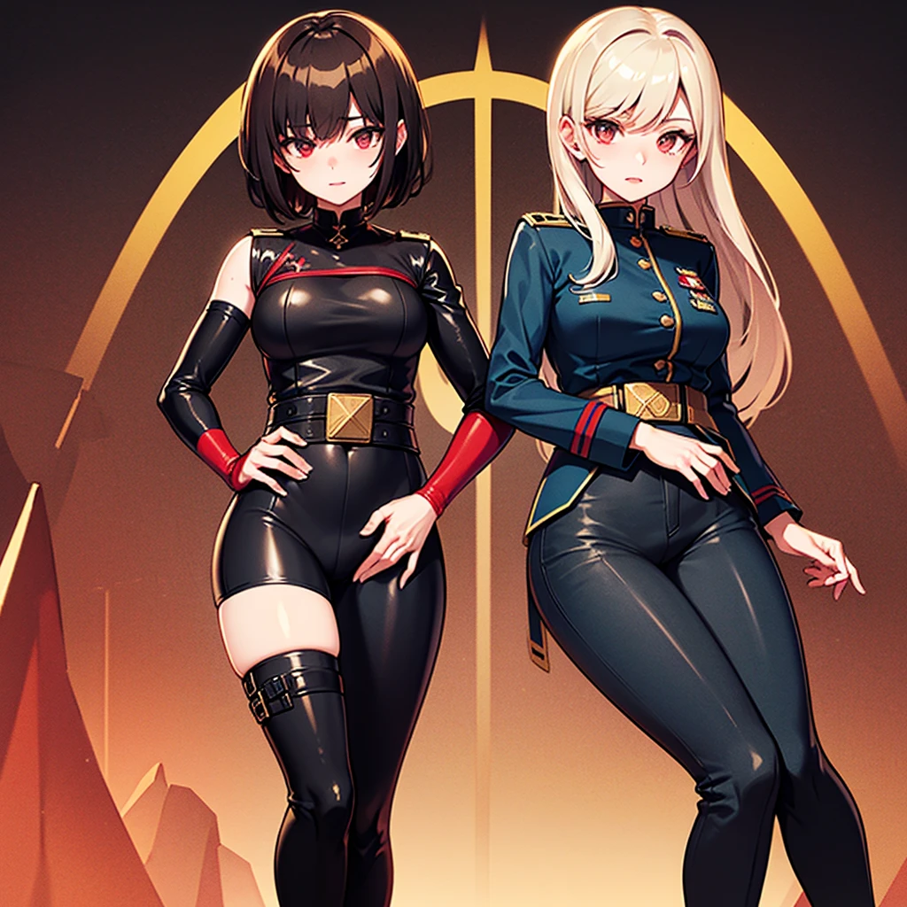 (masterpiece), (best quality), (high res) 2boys, (perfect anatomy) (perfect face) anime boy, (crossdresser), medium dark brown hair, red eyes, brown skin, wide hips, narrow waist and thick thighs, flustered, brushing, standing in space, flat chest, (full body suit), (visible bulge), (skin tight space green quantum space suit) man, fair skin, white hair, yellow eyes, in outer space, (gay sex) (kissing) (French kiss) (kissing each other)