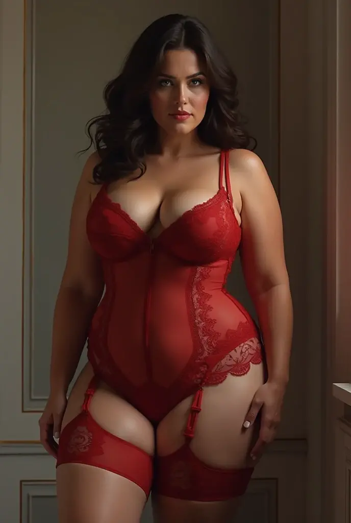 crafted plus-size older woman in red lingerie sitting on a bed