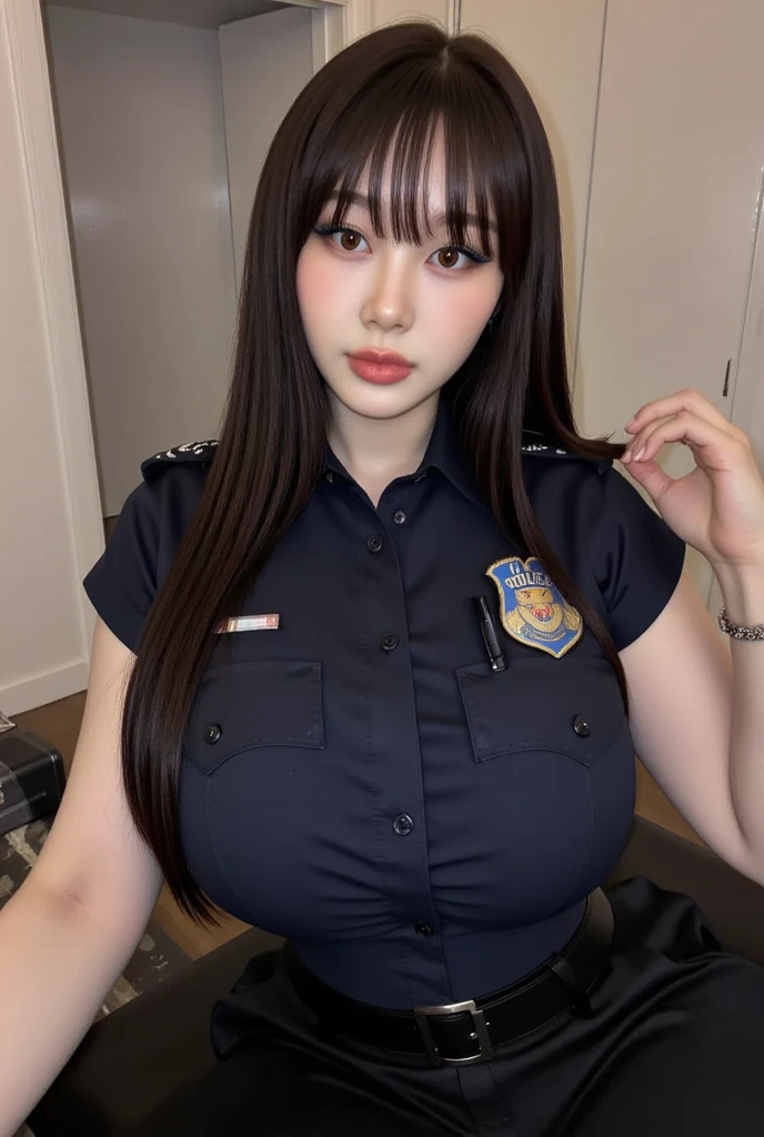 Smiling Japan beauty wearing police officer clothes,Black Hair,Straight Hair,Bobbed bangs,Burstingly Big Breasts,Moderately fleshy legs,Cleavage 1.1