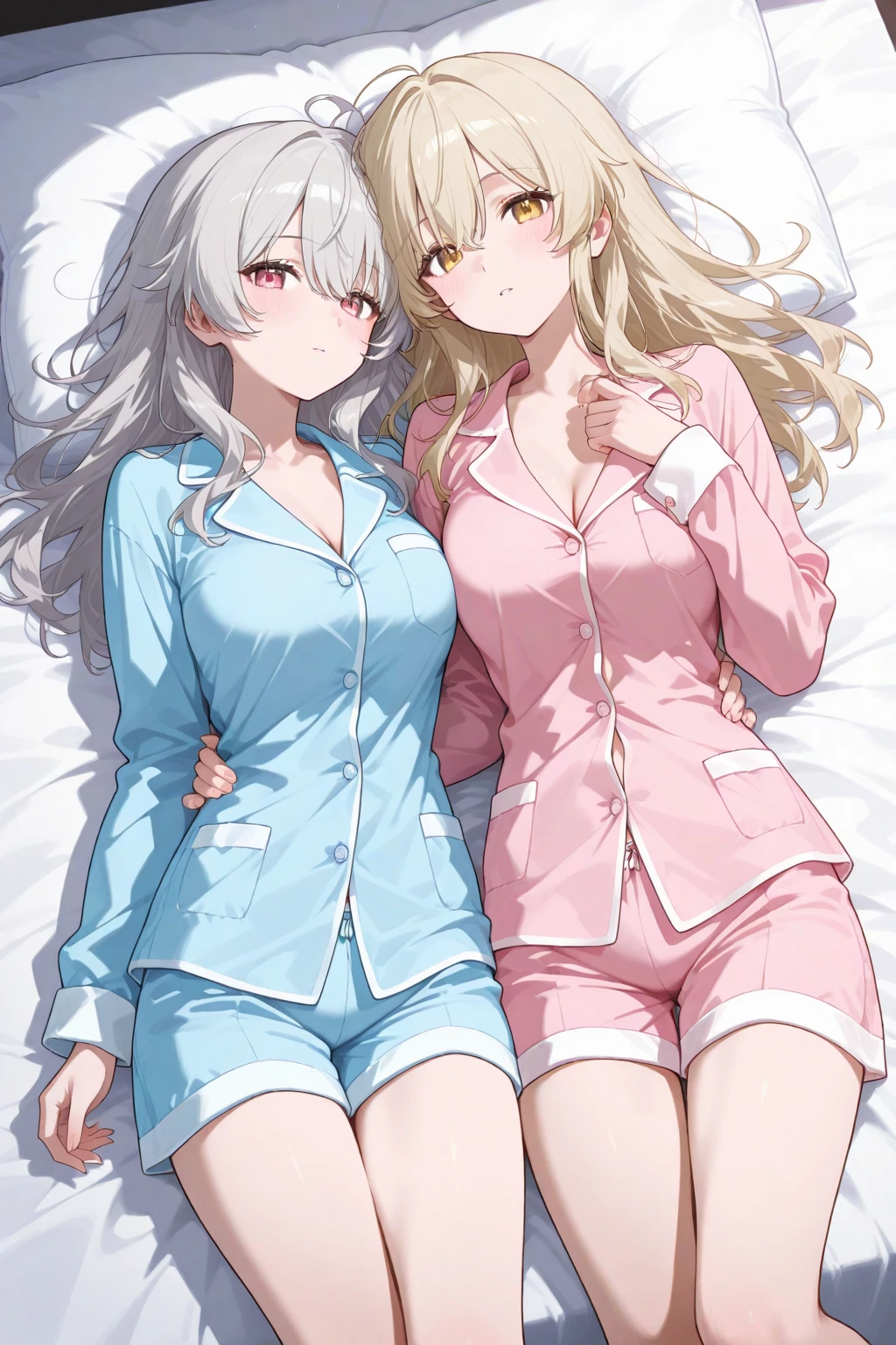 NSFW, silver blonde hair, grey eyes, straight hair, medium size breasts, heart shaped eyes, blushing, smiling, cute pajamas, cleavage, sexy panties, sleeping together