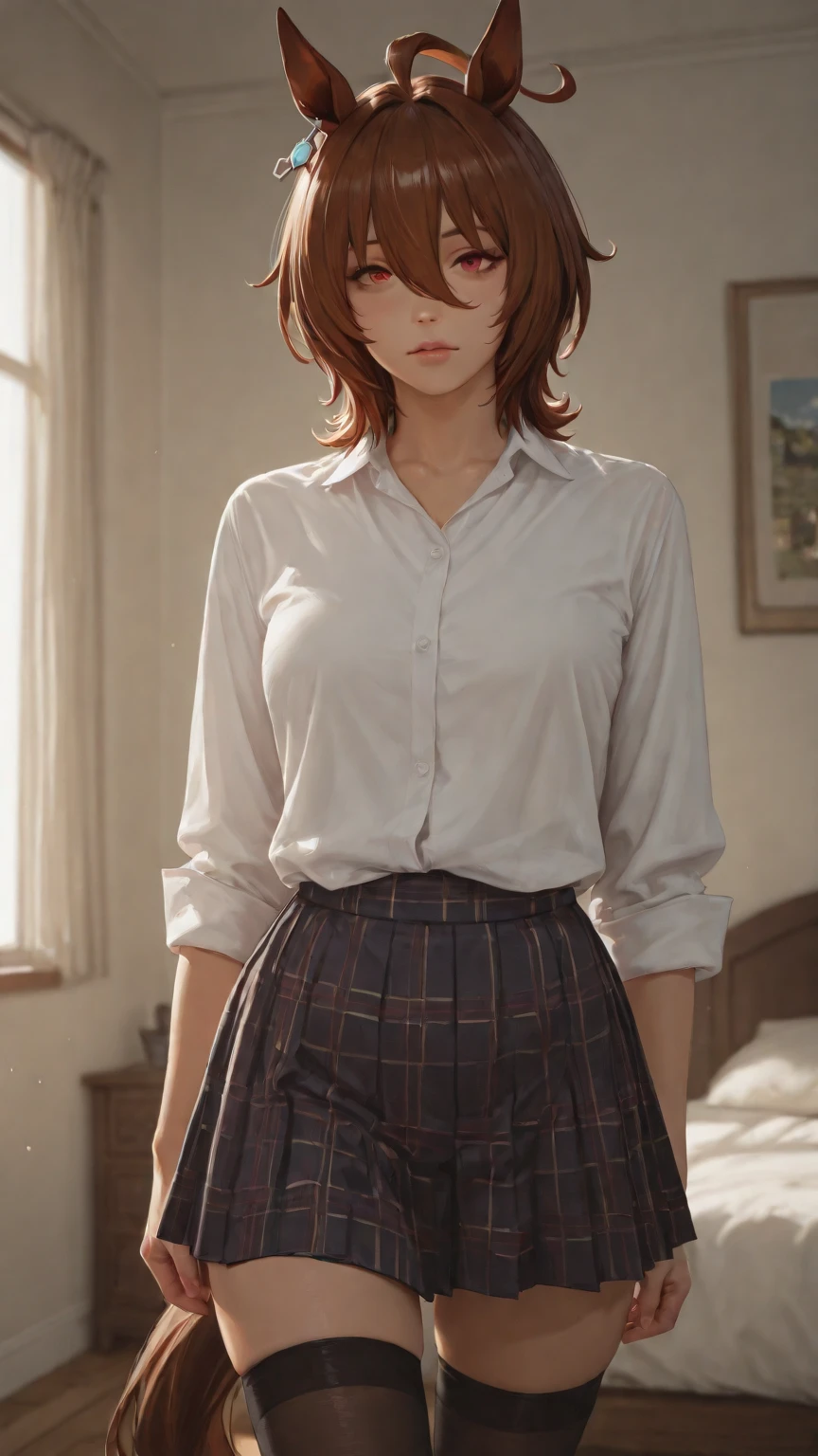 (masterpiece, best quality:1.2),(ultra realistic texture) ,solo, 1girl, red hair, yellow eyes, (makima) , unbuttoned shirt with collar,black unbuttoned pants, wide hips,